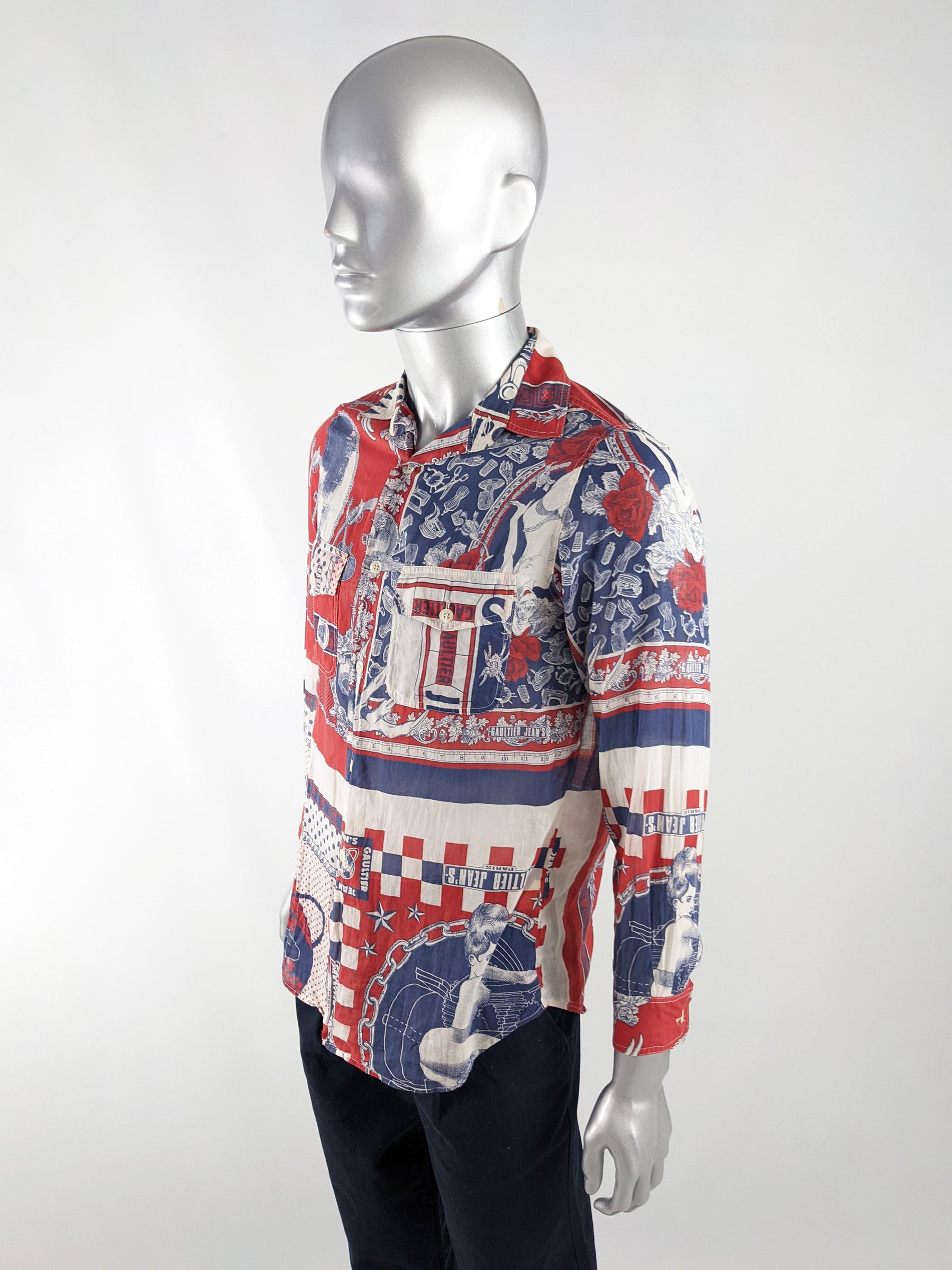 Jean Paul Gaultier Vintage Mens Blue & Red Cotton Shirt, 1990s