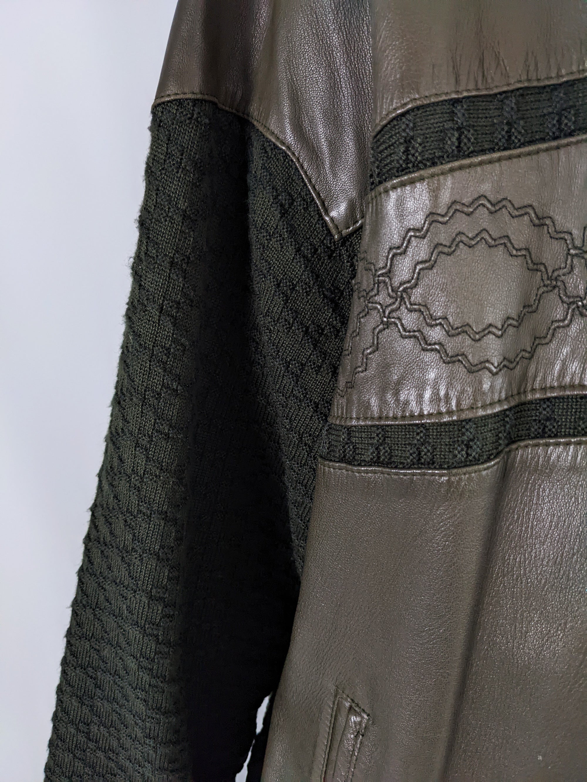 Vintage Mens Green Knit & Leather Cardigan Jacket, 1980s – Zeus