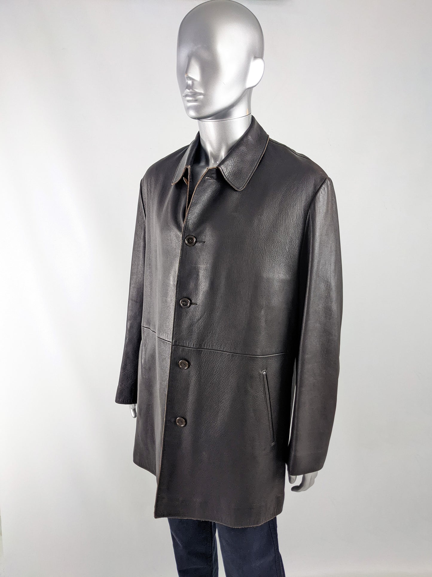 Donna Karan Vintage Mens Dark Brown Leather Coat, 1990s