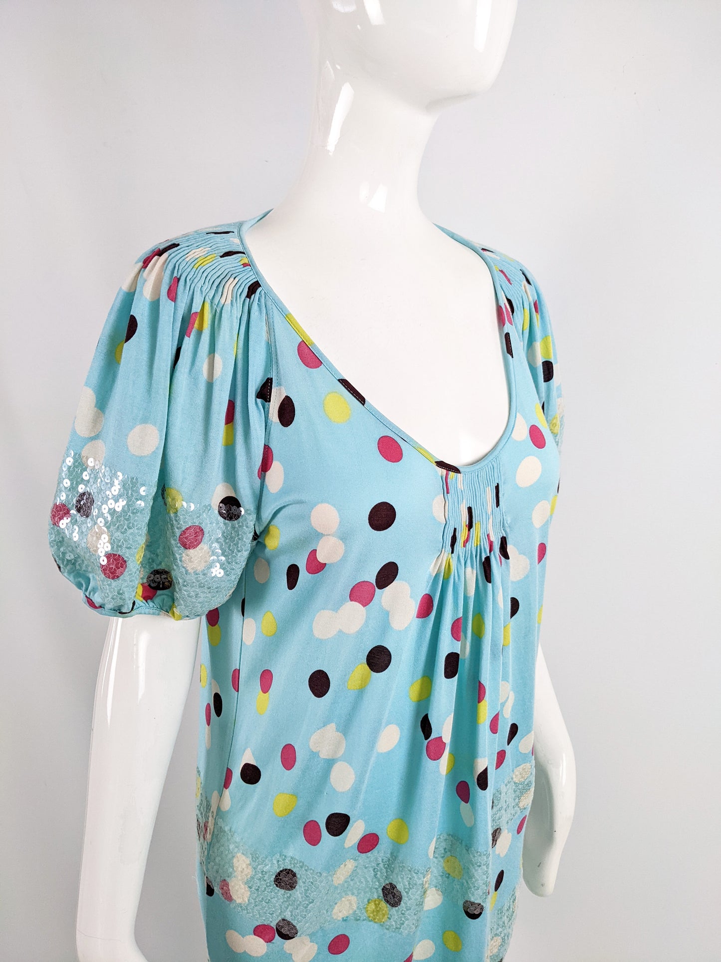 Kenzo Vintage Light Blue y2k Polka Dot & Sequin Dress, 2000s