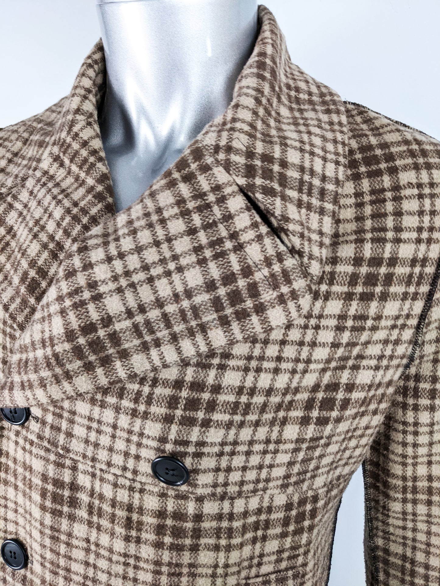 Vintage Brown Check Double Breasted Pea Coat, 1990s