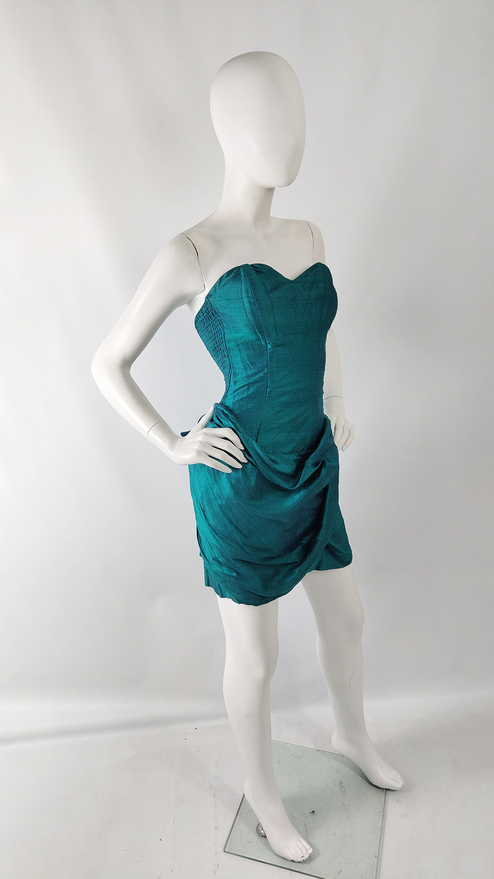 Sarah Whitworth Vintage 80s Teal Silk Boned Corset Dress, 1980s