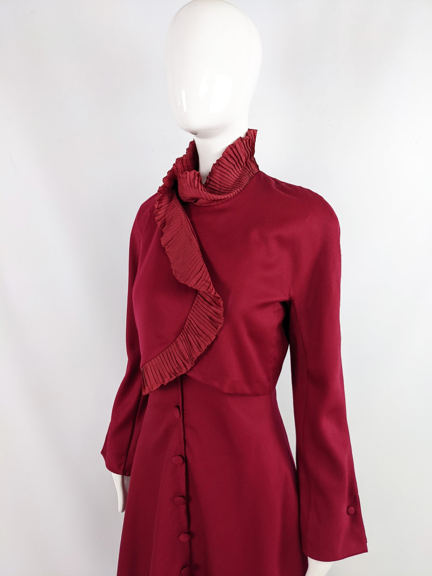 Eli Colaj Vintage Wine Red Wool & Pleated Ruffle Taffeta Collar Dress, 1980s