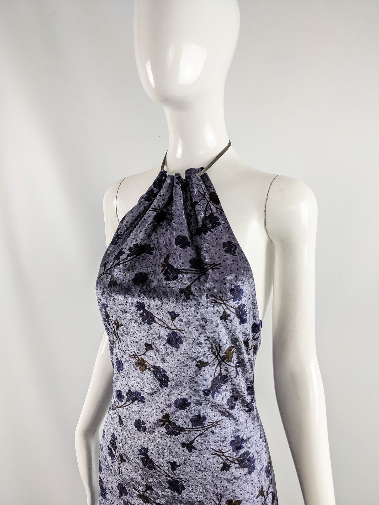 Vintage Floral Velvet Backless Halter Dress, 2000s