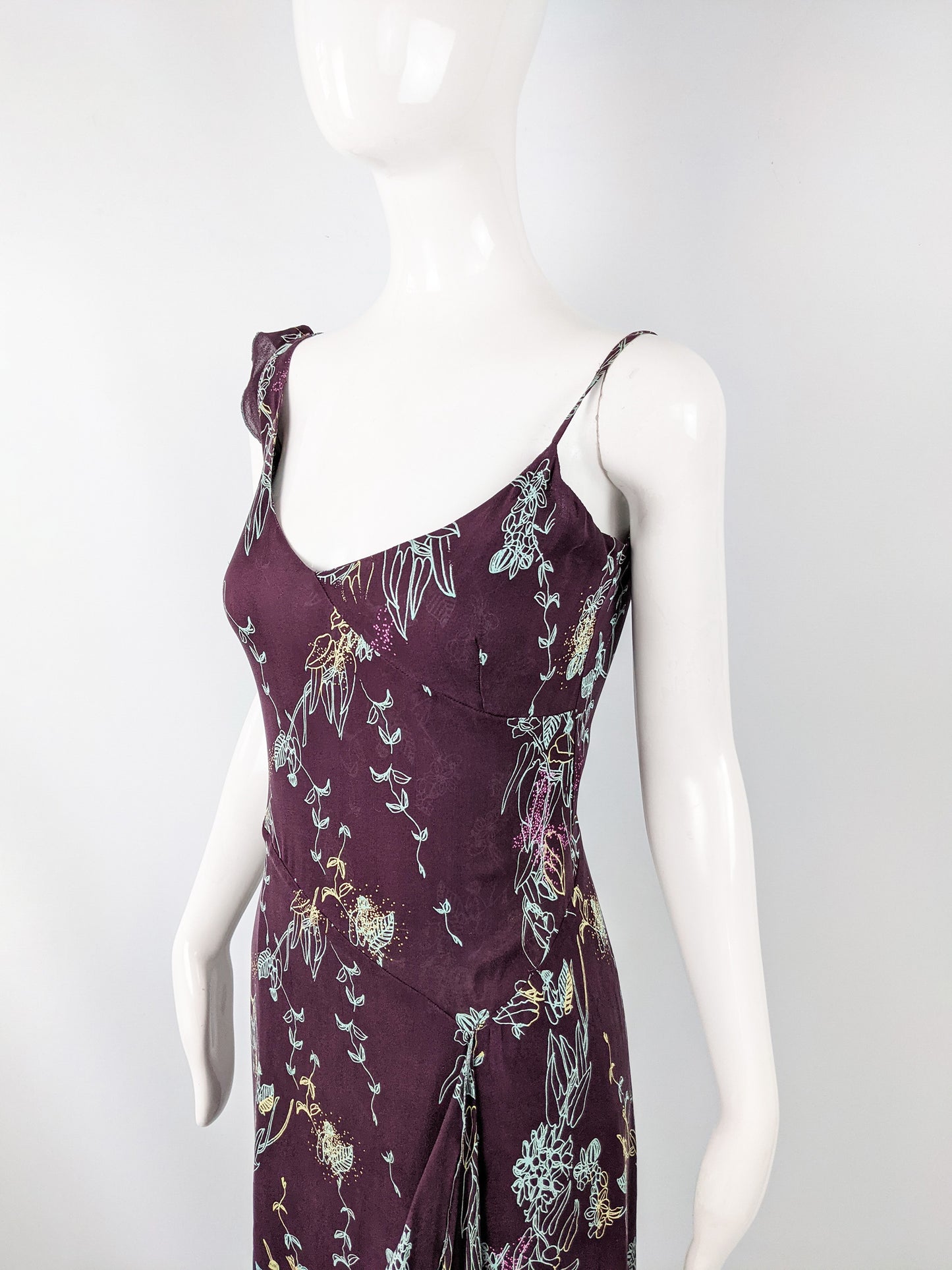Vintage Purple Floral Draped Silk Slip Dress, 1990s
