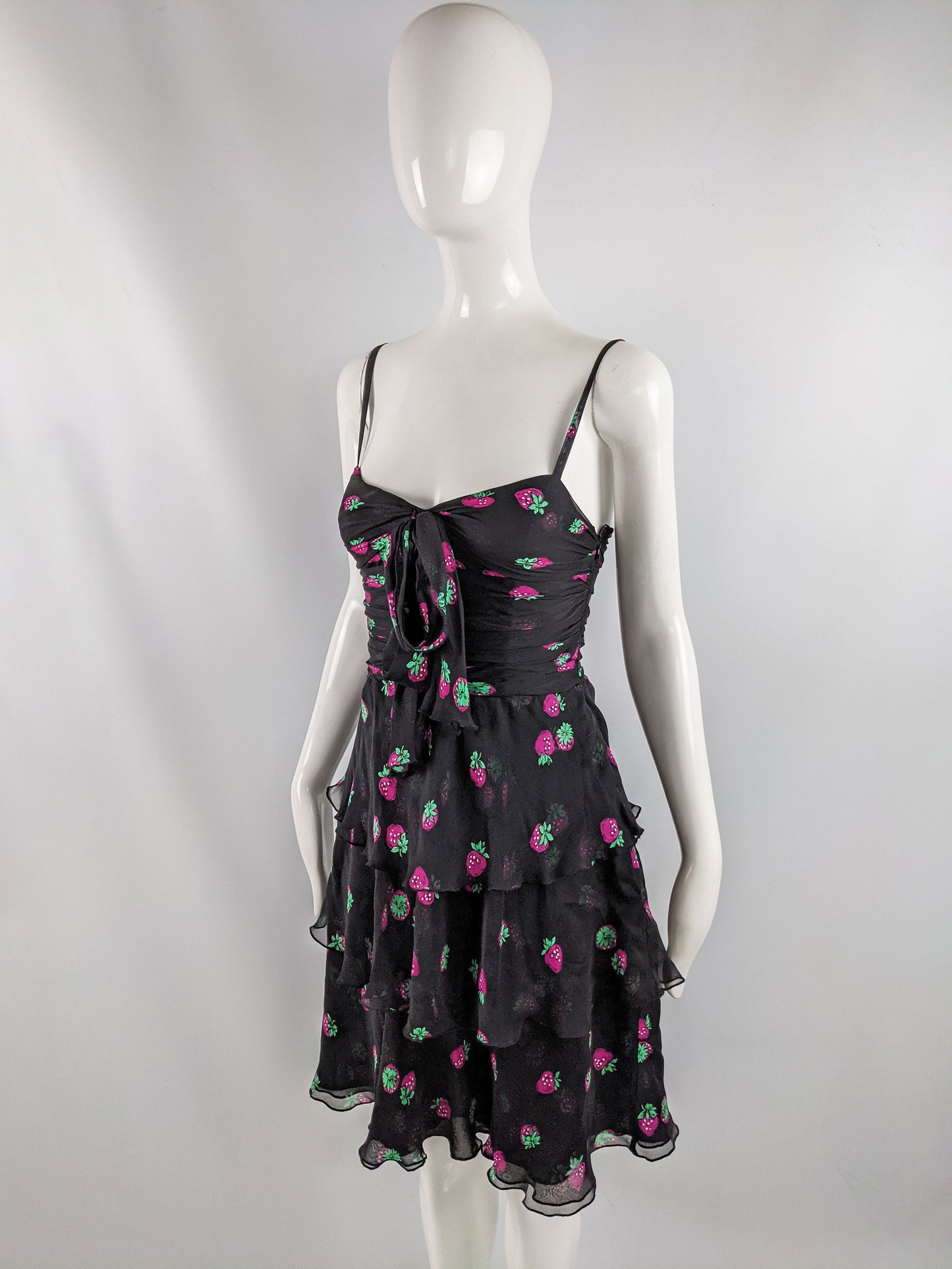 Vintage Strawberry Print Ruffled Silk Chiffon Dress, 1990s
