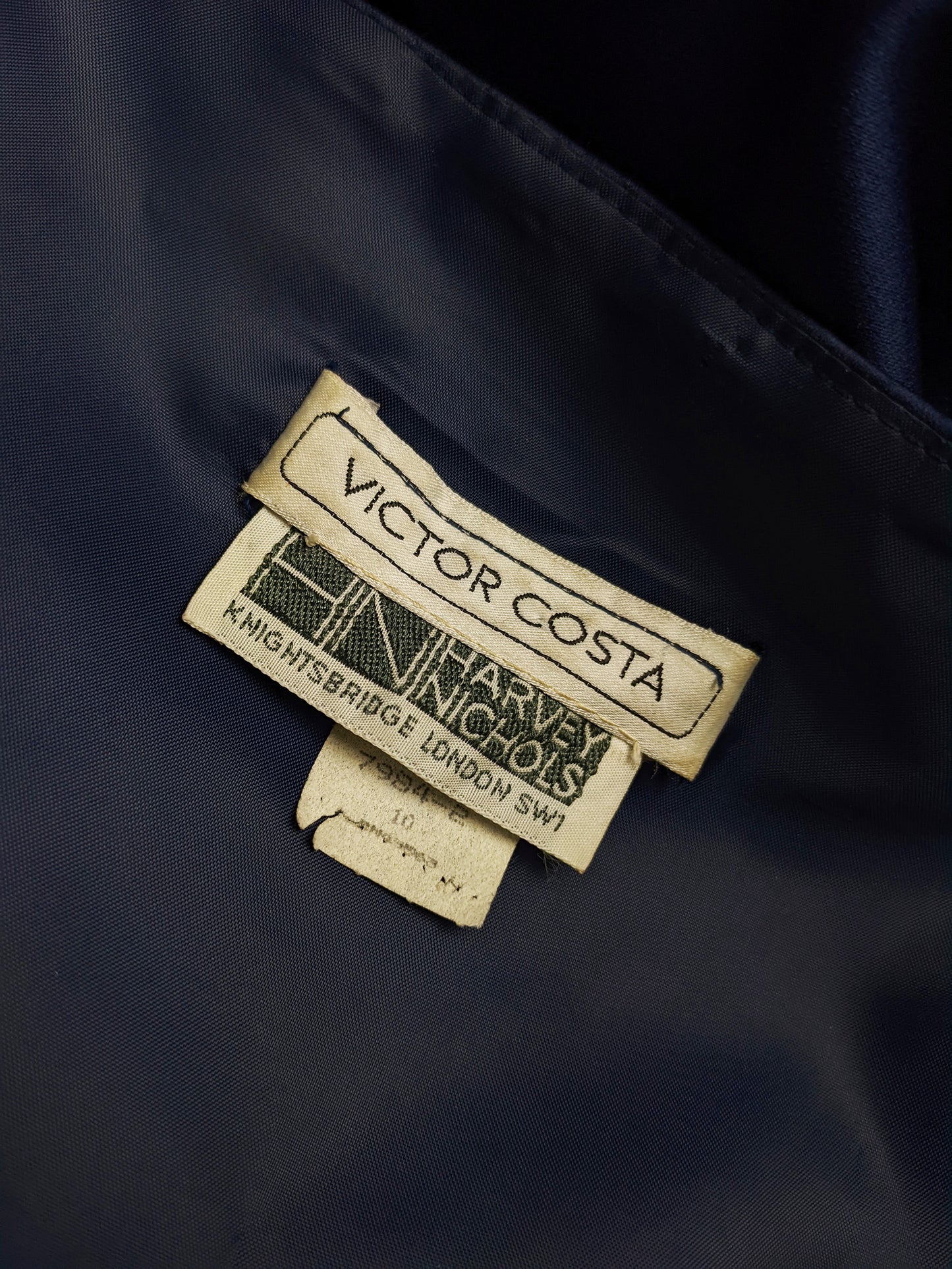 Victor Costa Vintage Dark Blue Draped Bow Evening Gown, 1980s