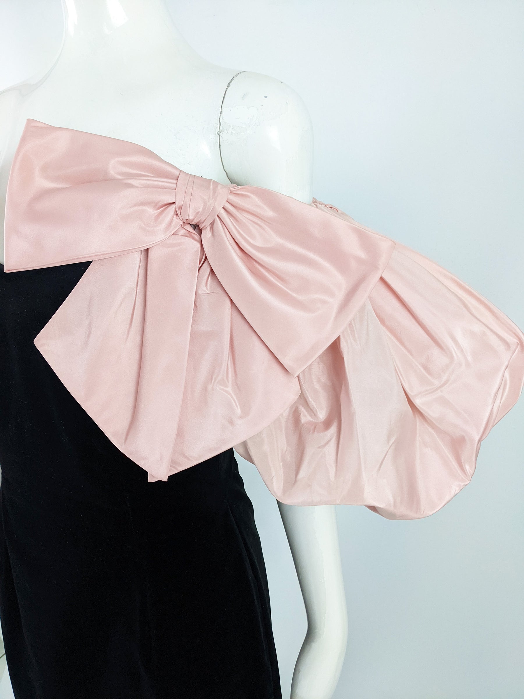 Gina Fratini Vintage Black Velvet Pink Taffeta Puff Sleeve Dress, 1980s