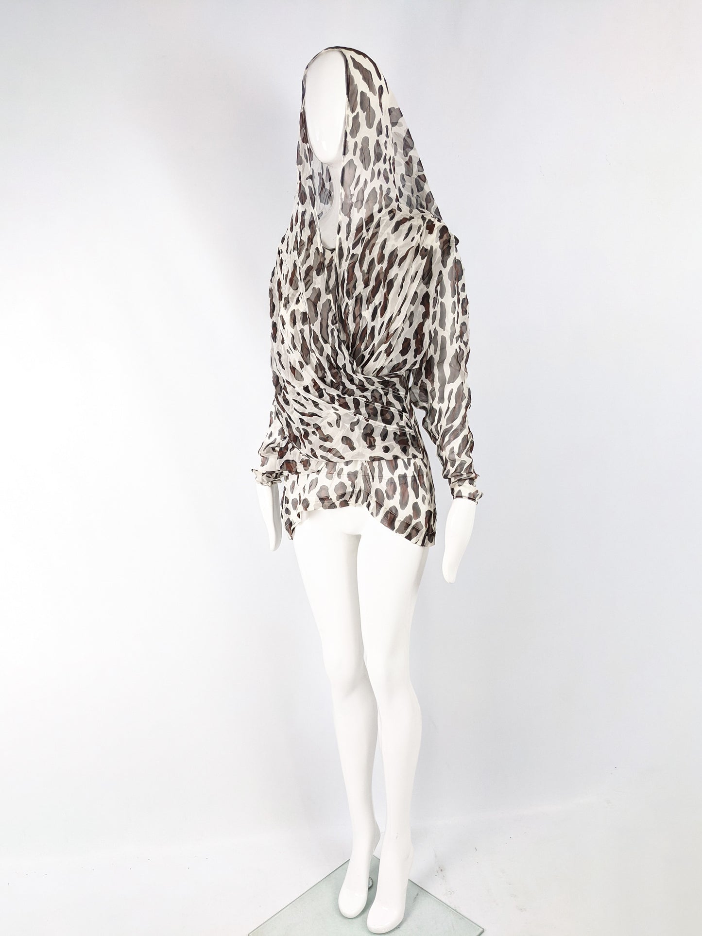 Womens Vintage Draped Silk Chiffon Animal Print Blouse, 1980s