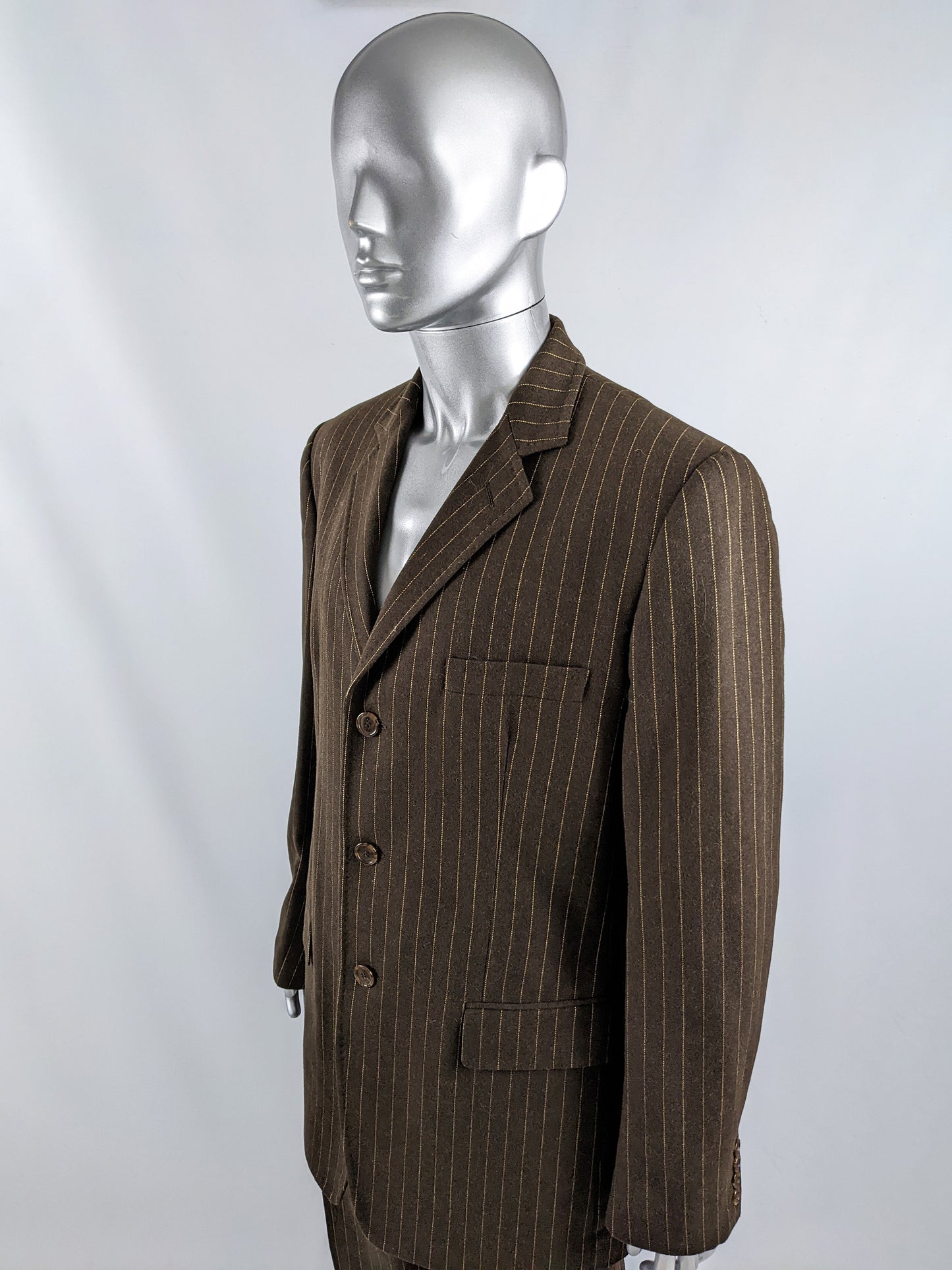 Mens Vintage Two Piece Brown Pinstripe Wool Suit, 1990s