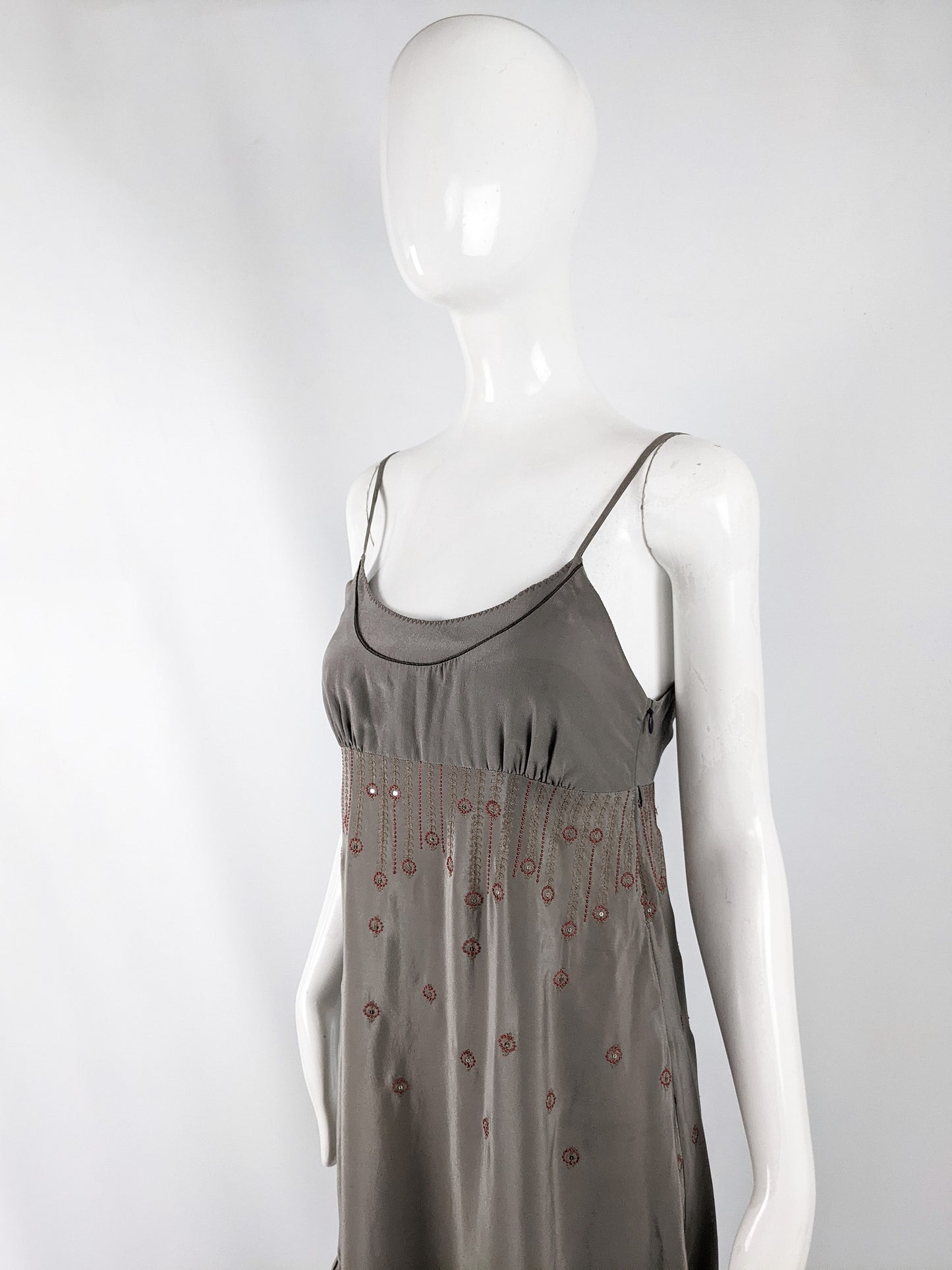 Sandro Paris Vintage y2k Taupe Silk Embroidered Dress, 2000s
