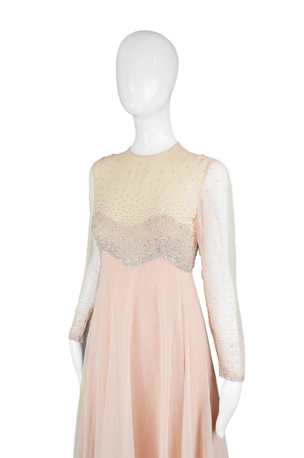 Peach Vintage Chiffon Beaded Evening Gown, 1960s