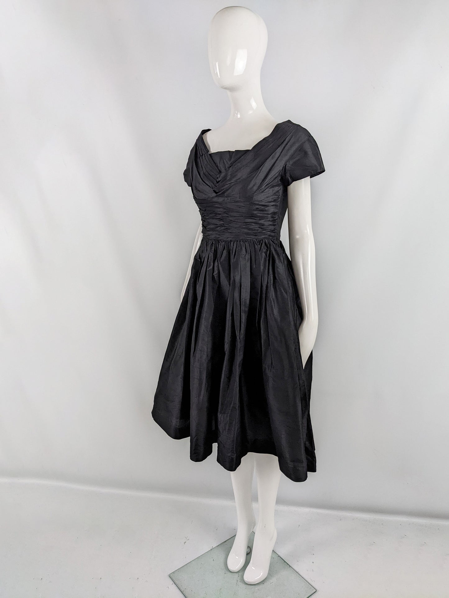 Koupy Model Couture Vintage 50s Black Silk Taffeta Dress, 1950s