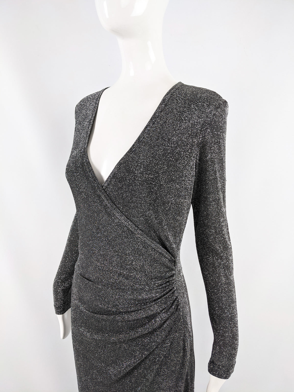 Vintage Silver Lurex Plunging Neckline Evening Gown, 1990s