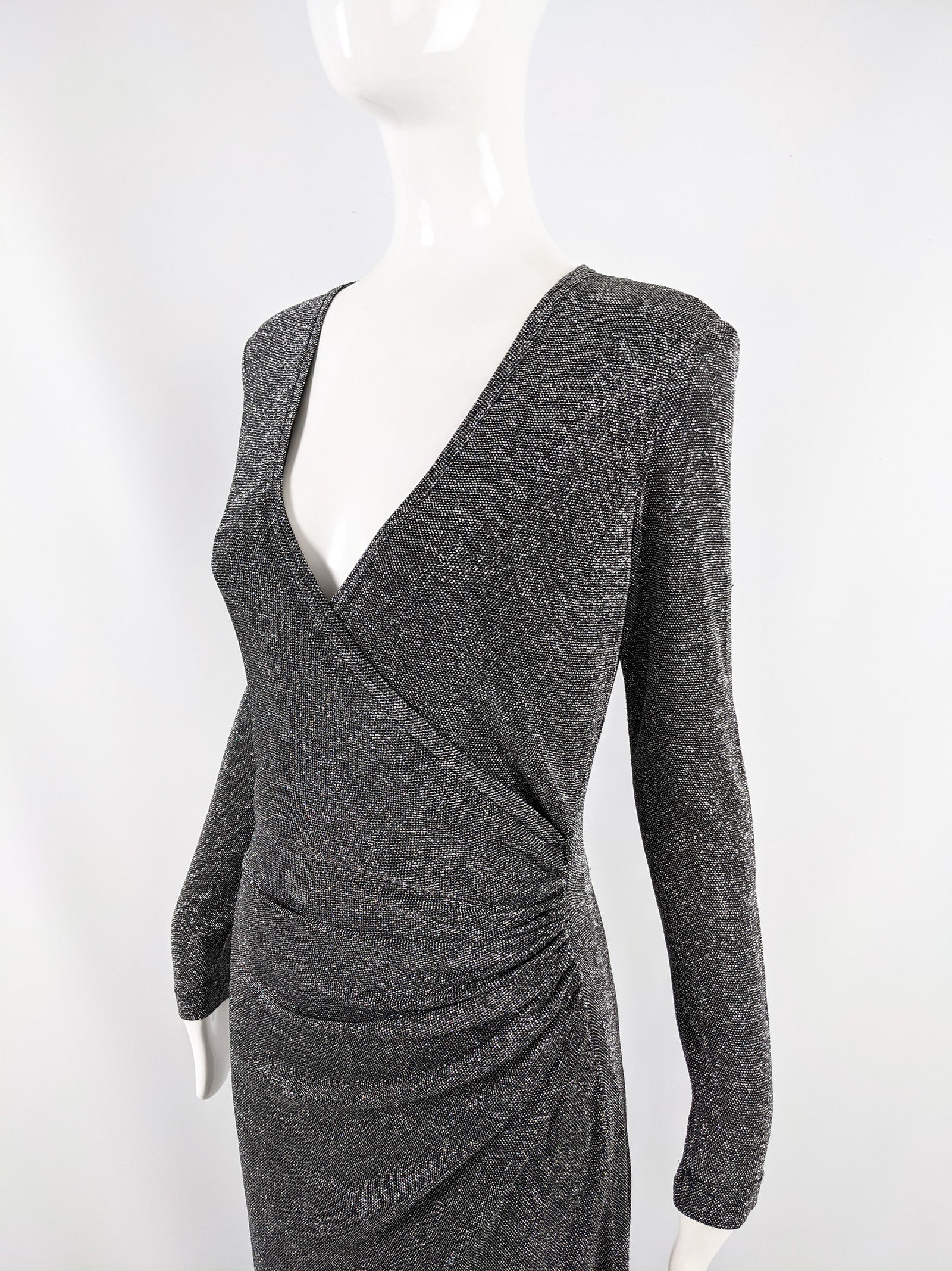 Vintage Silver Lurex Plunging Neckline Evening Gown, 1990s
