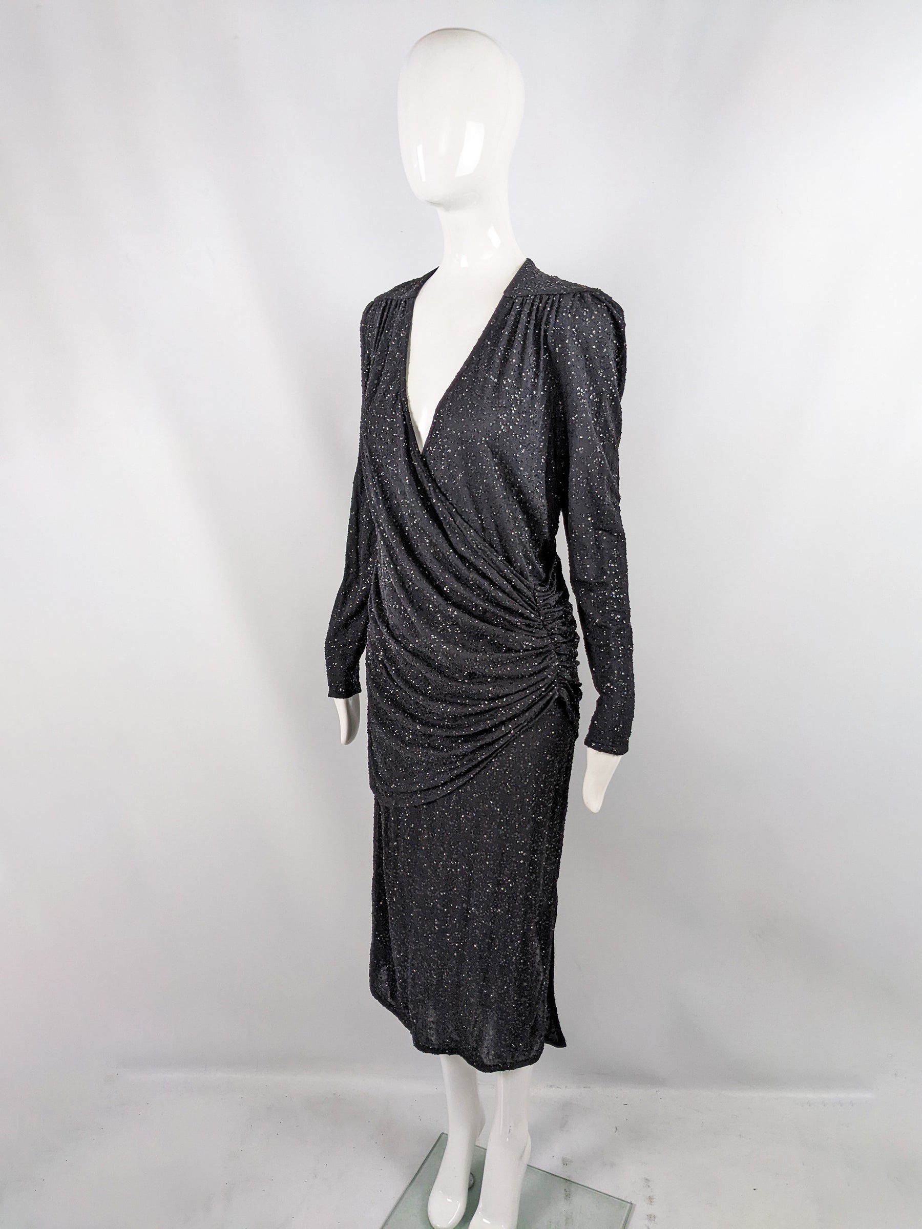 Frank Usher Vintage Black Sequin Glitter Effect Evening Dress, 1980s