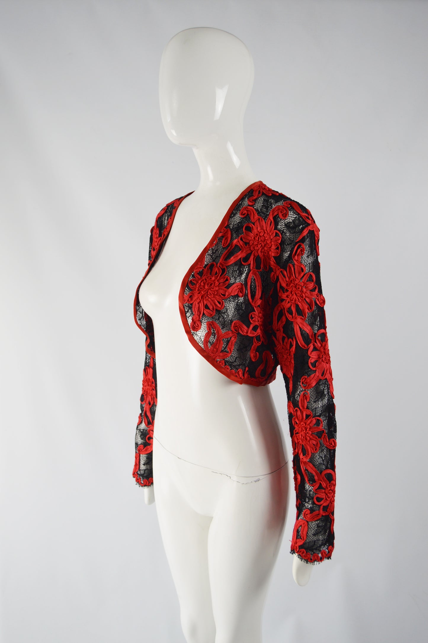Vintage Red & Black Ribbonwork Lace Jacket, 1980s