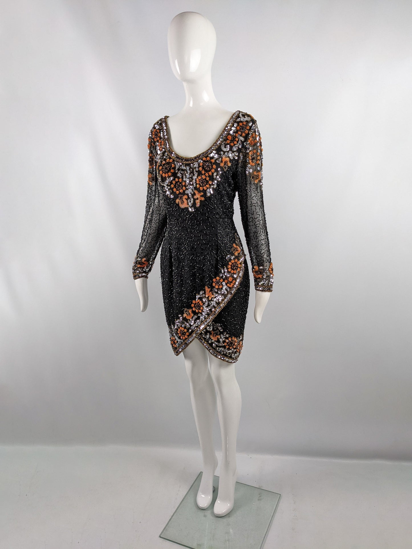 Oleg Cassini Vintage Black & Orange Beaded Sequin Dress, 1980s