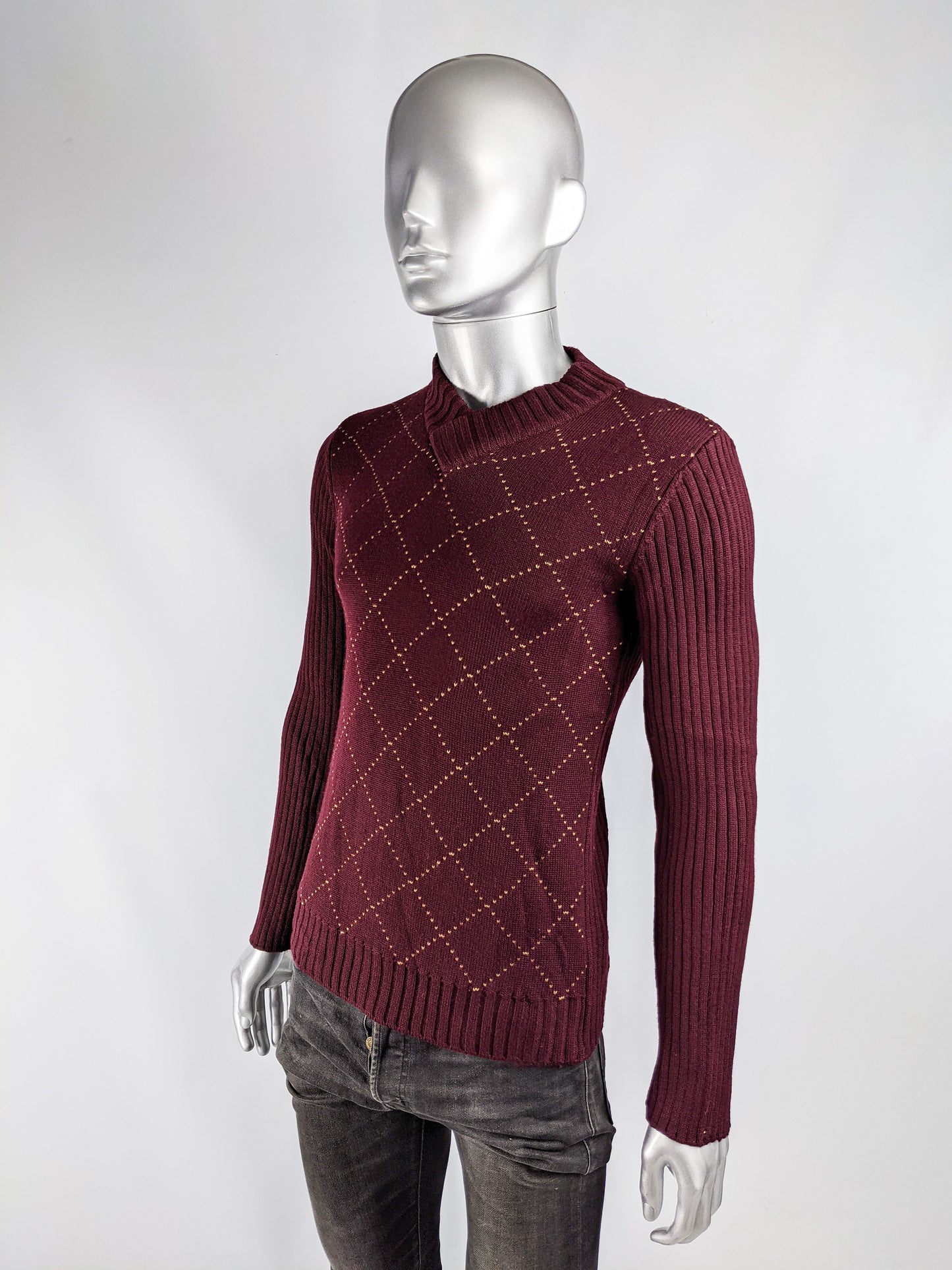 Mens Vintage Burgundy Red Diamond Jumper, 1990s