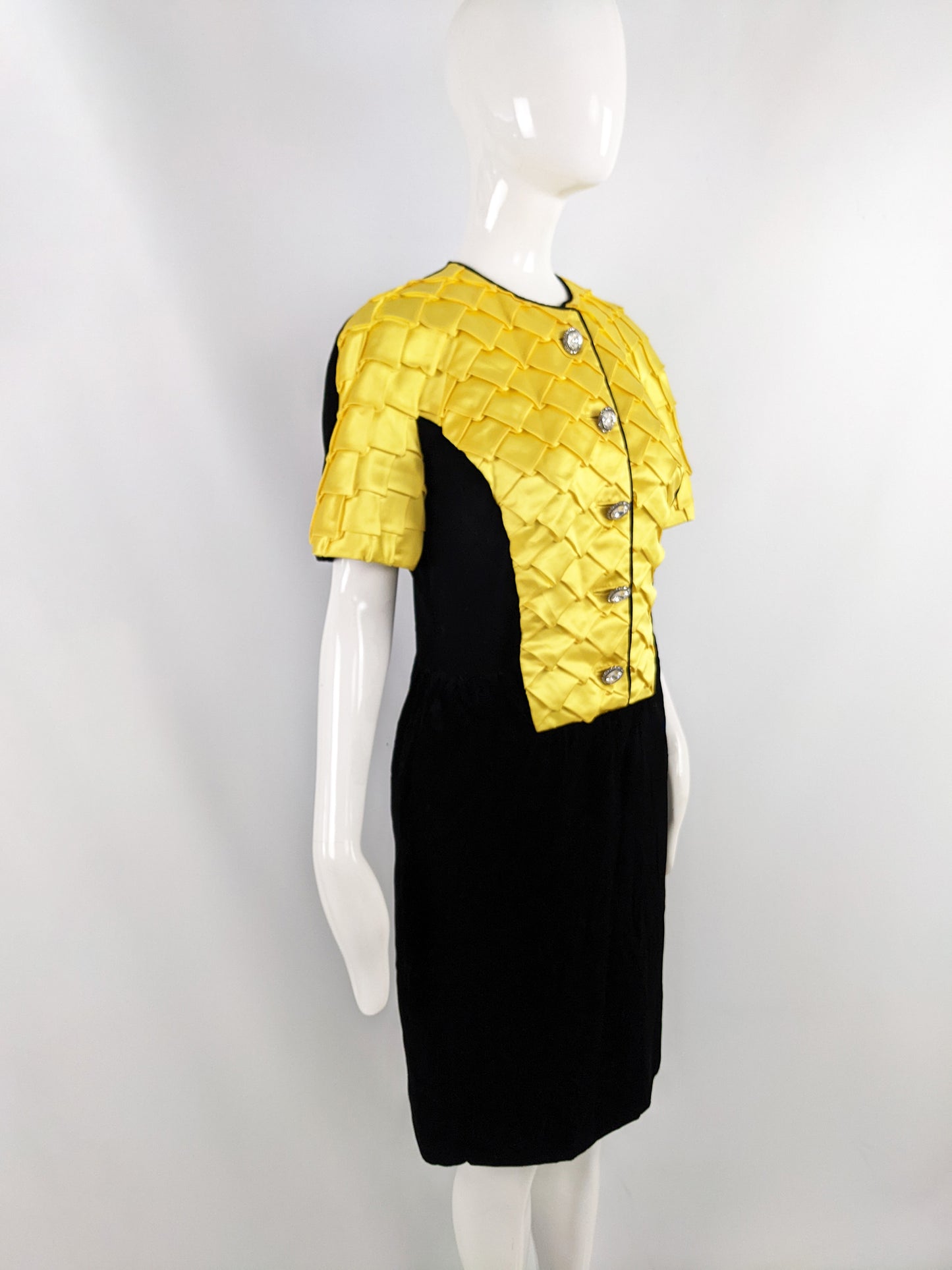 Murray Arbeid Vintage Black Velvet & Yellow Satin Cocktail Dress, 1980s