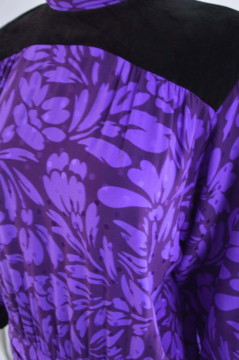 Guy Laroche Vintage Purple Jacquard & Black Velvet Dress, 1980s