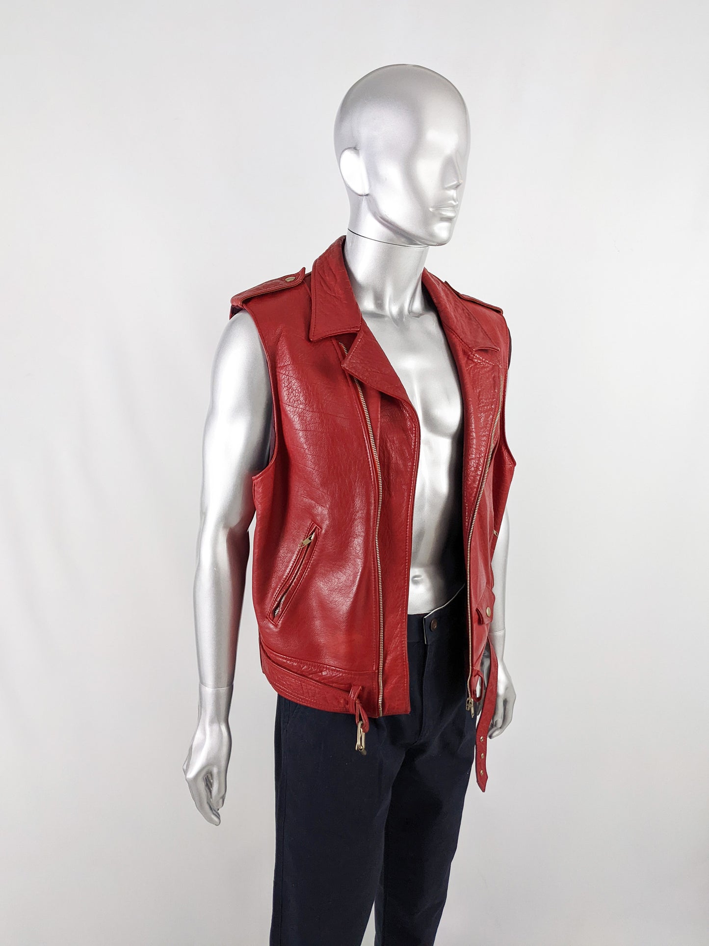 Chevignon Vintage Mens Red Leather Biker Vest, 1980s