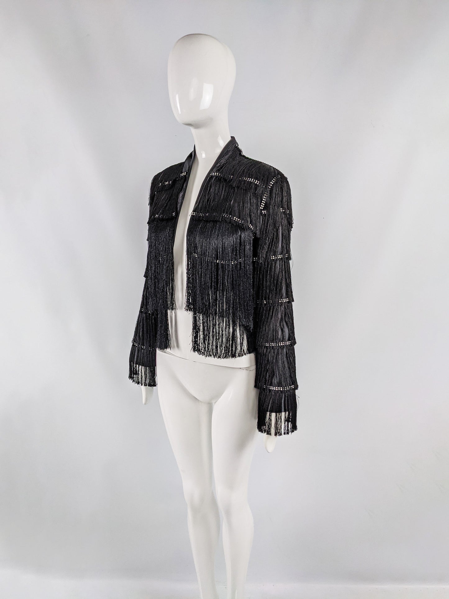 Vintage Black Satin Fringed Bolero Jacket, 1990s