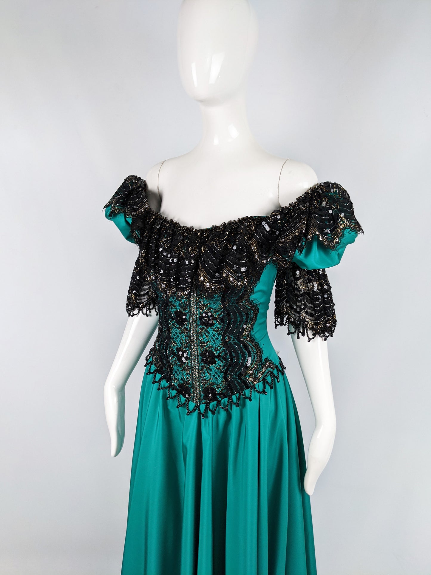 Vintage Taffeta & Black Lace Victorian Style Evening Dress, 1980s