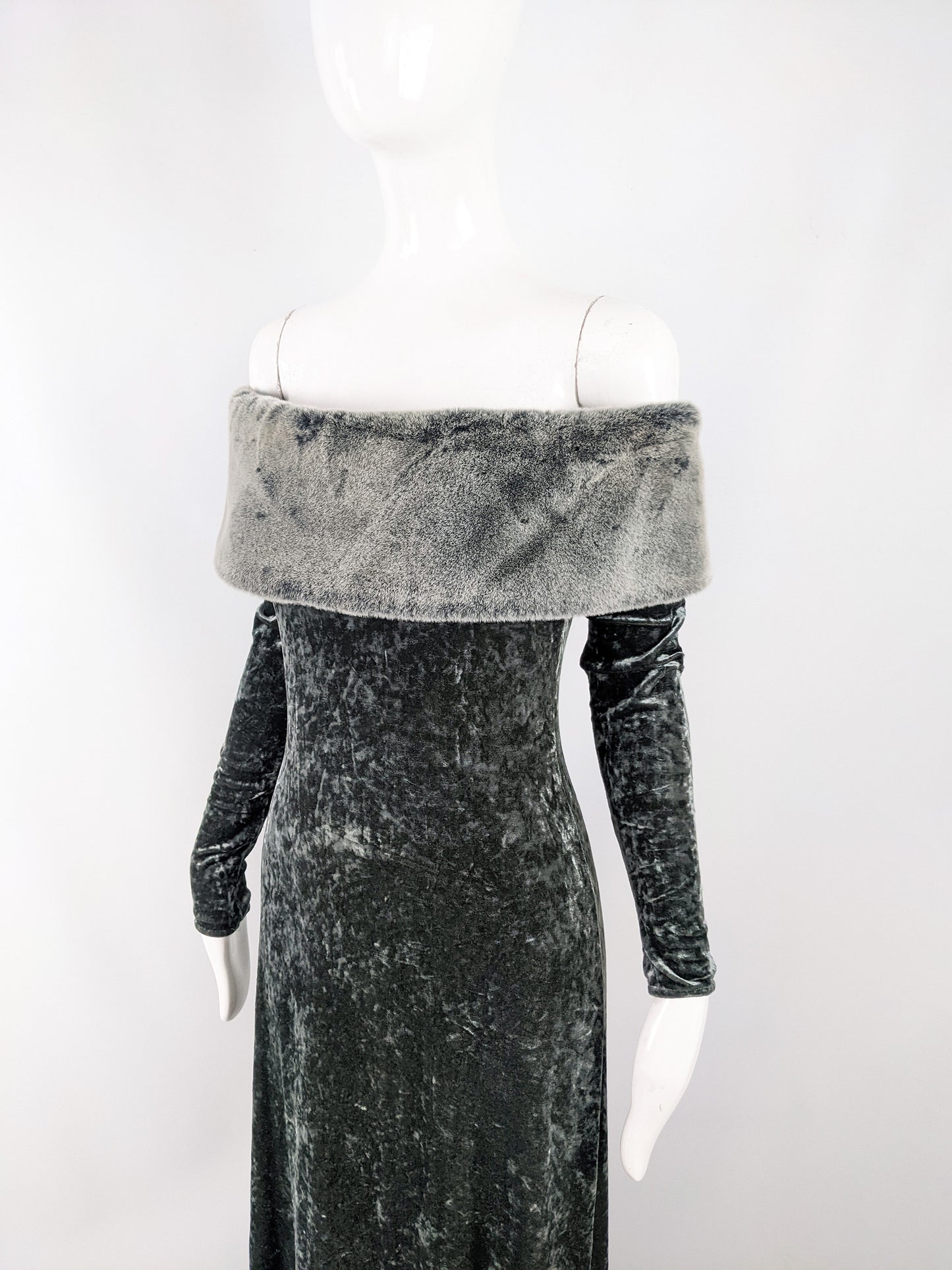 Harrods Vintage Crushed Velour & Faux Fur Evening Gown, 1980s