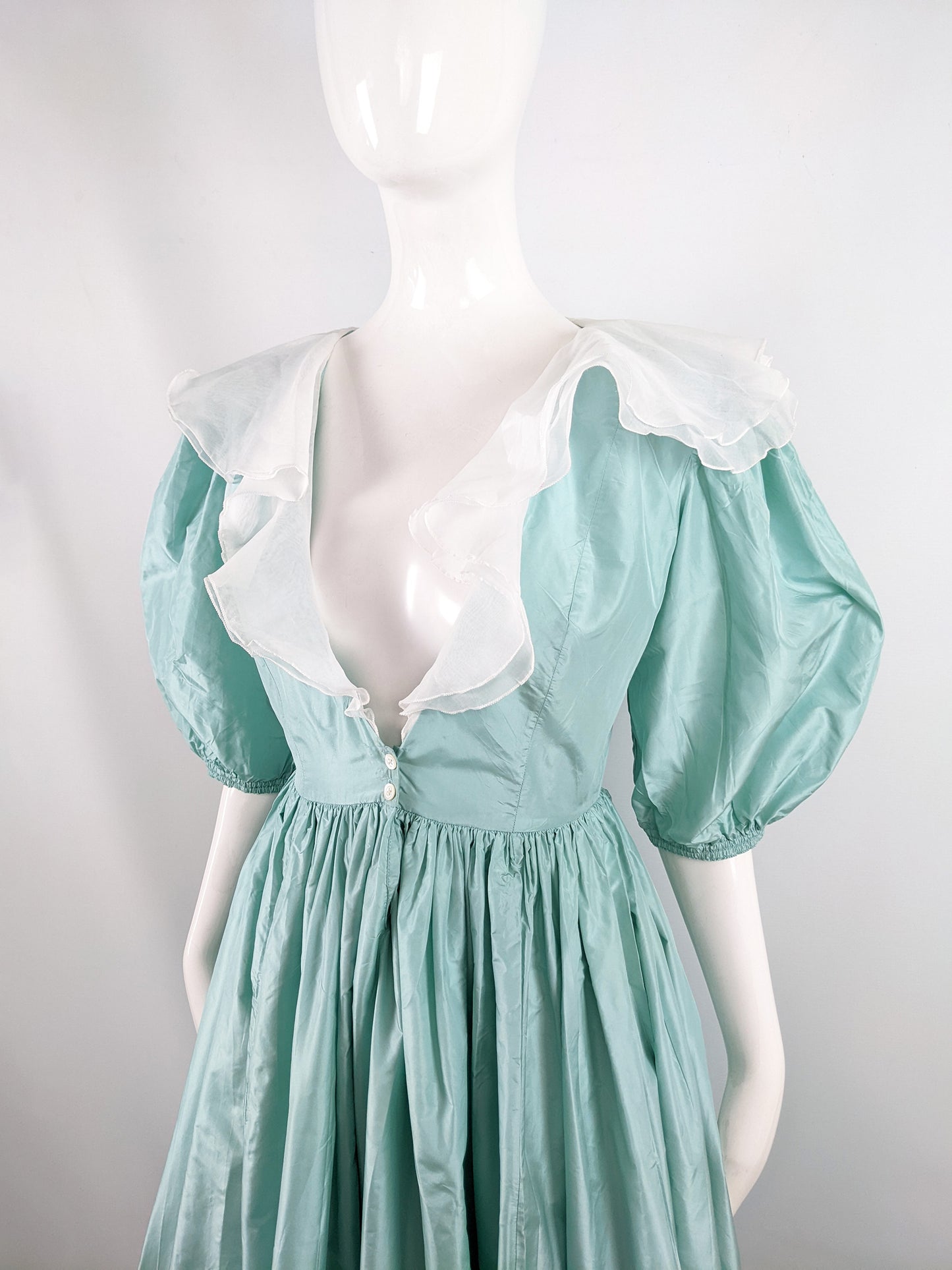 Catherine Walker Mint Taffeta Puff Sleeve Evening Dress, 1980s