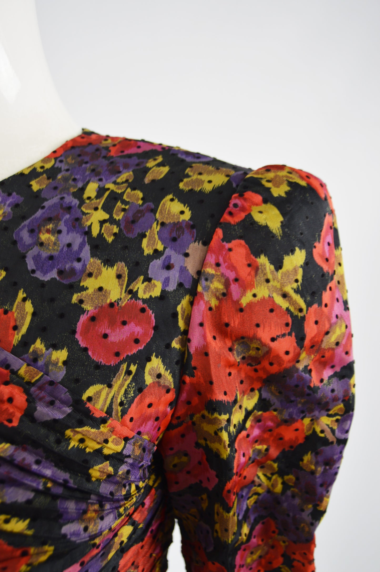 Vintage Ruched Silk Floral Evening Dress, 1980s