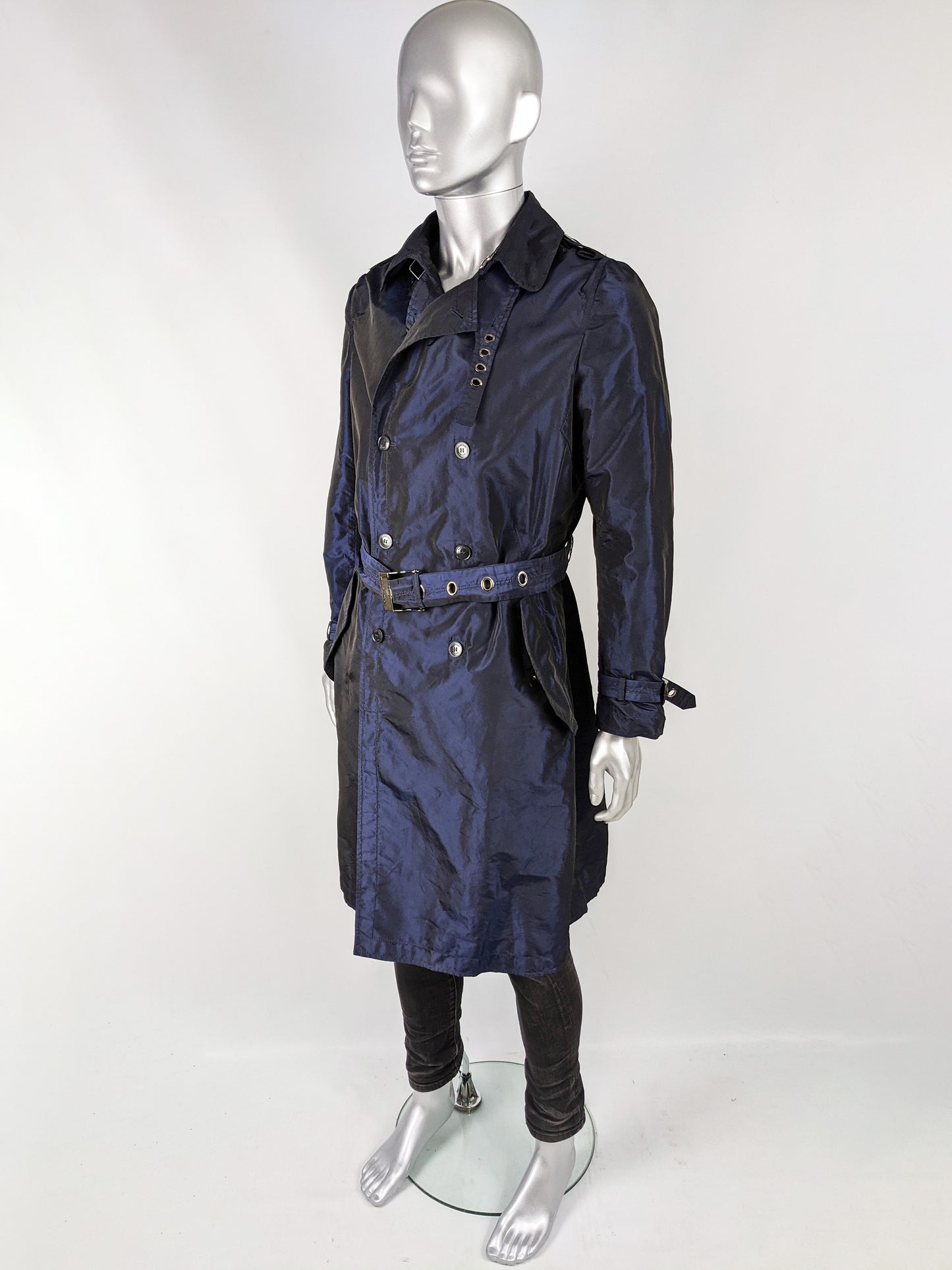 Preowned Mens Blue Iridescent Trench Coat, 2000s