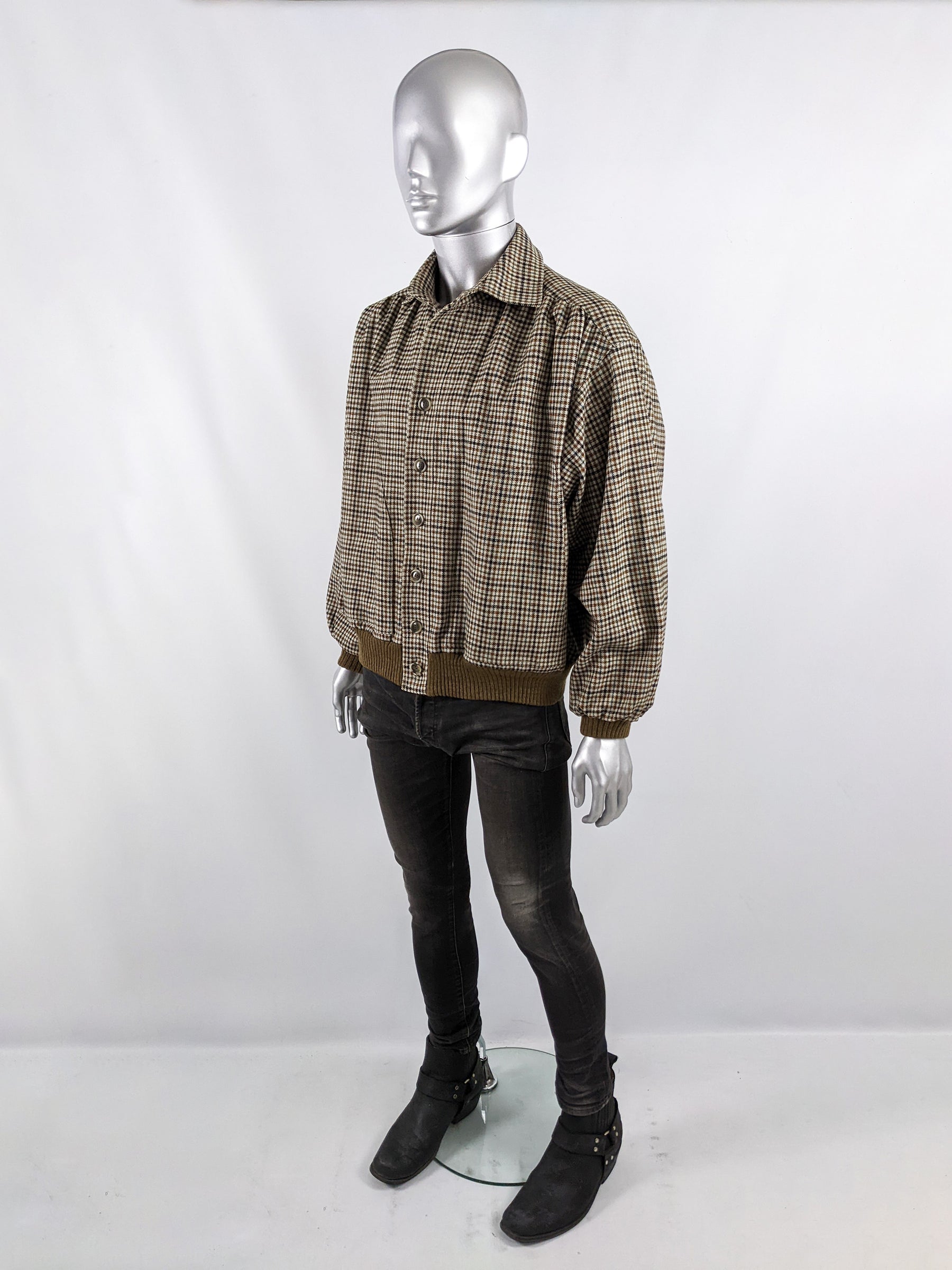 Mens Vintage Wool Houndstooth Collared Blouson Jacket, 1970s