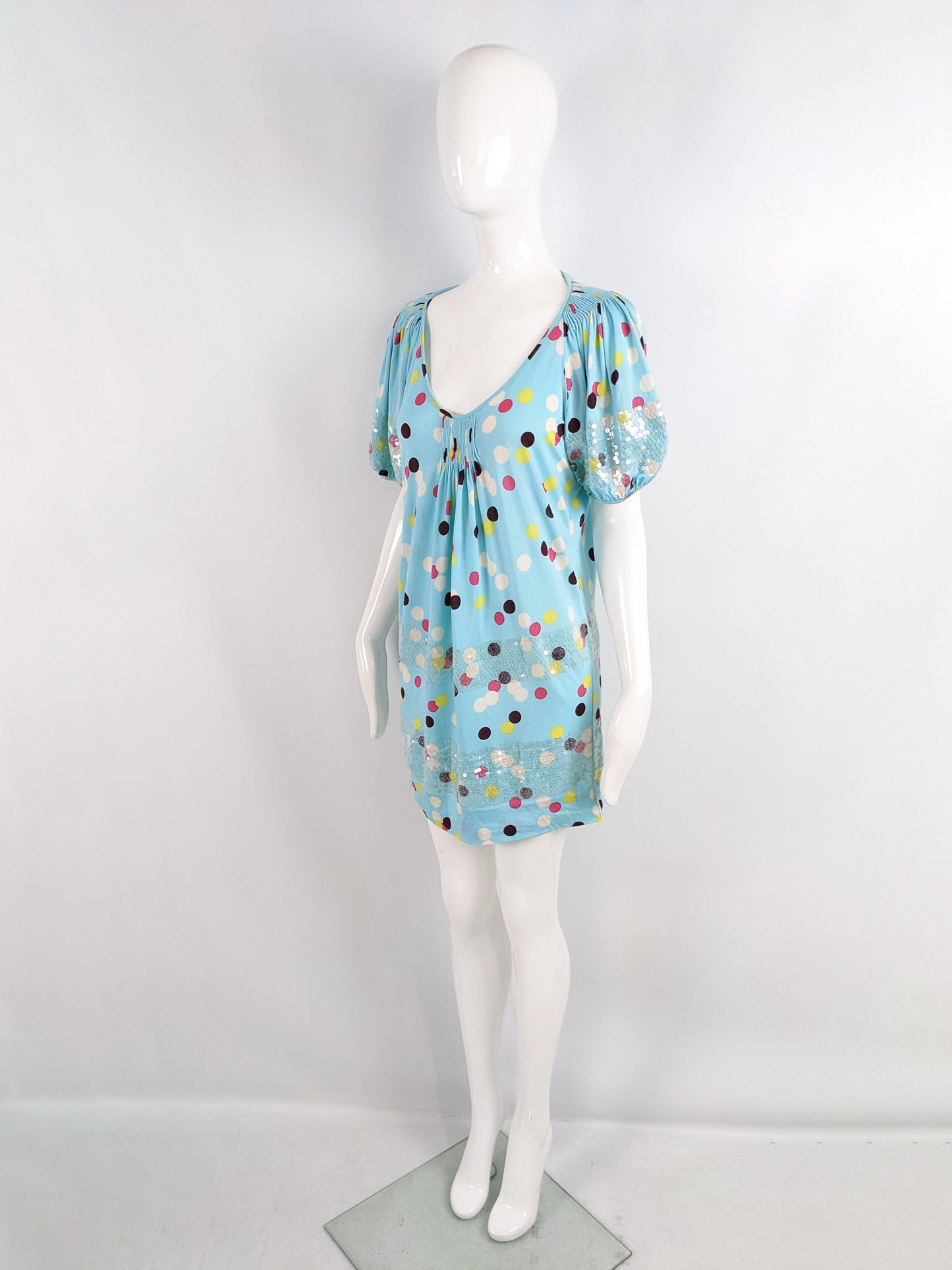 Kenzo Vintage Light Blue y2k Polka Dot & Sequin Dress, 2000s