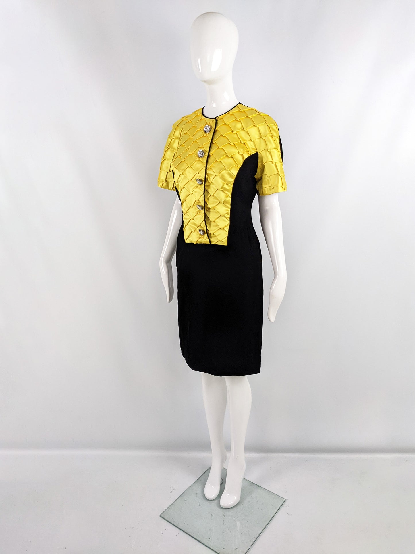 Murray Arbeid Vintage Black Velvet & Yellow Satin Cocktail Dress, 1980s
