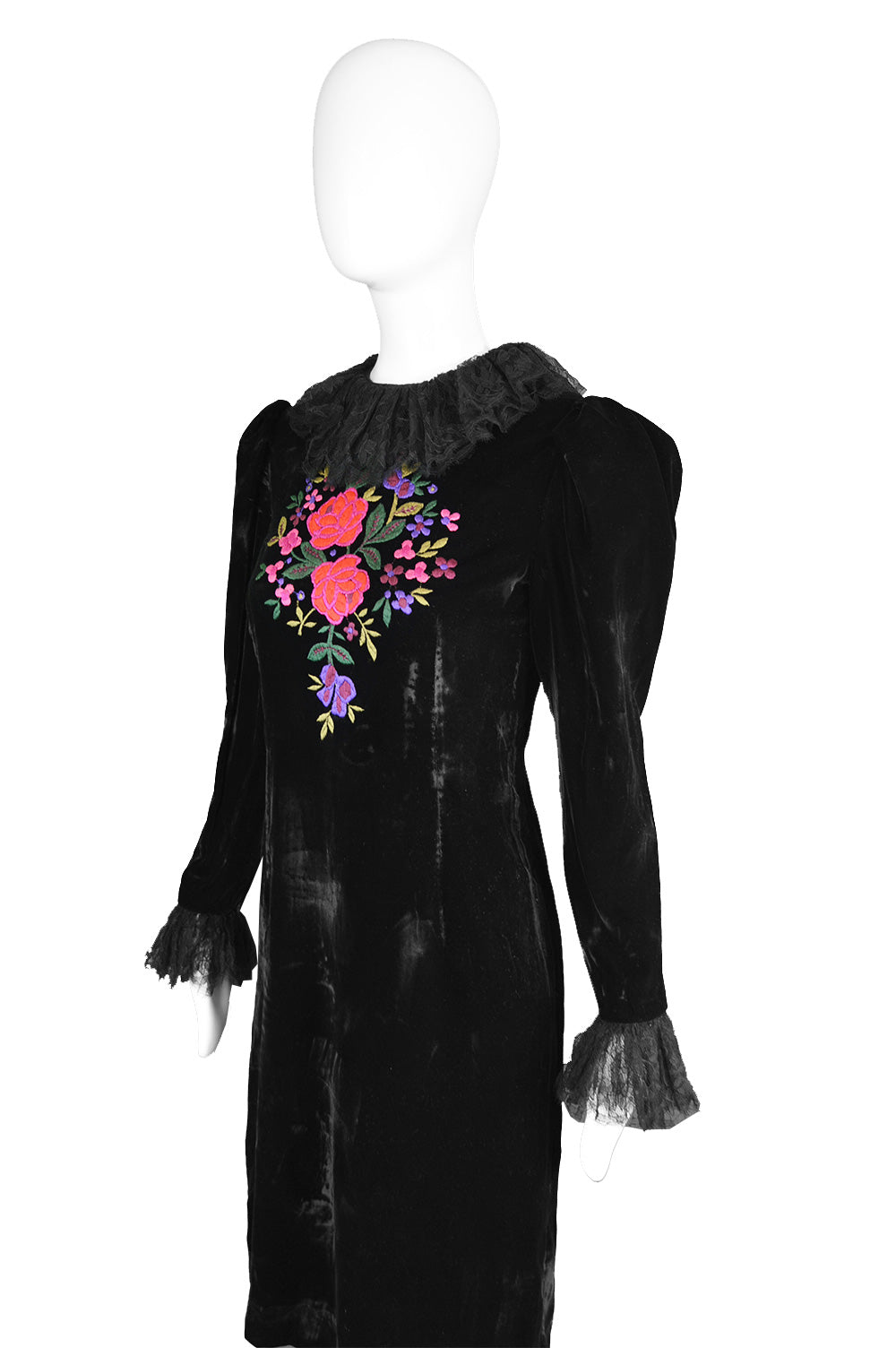Vintage Embroidered Black Velvet & Lace Dress, 1980s