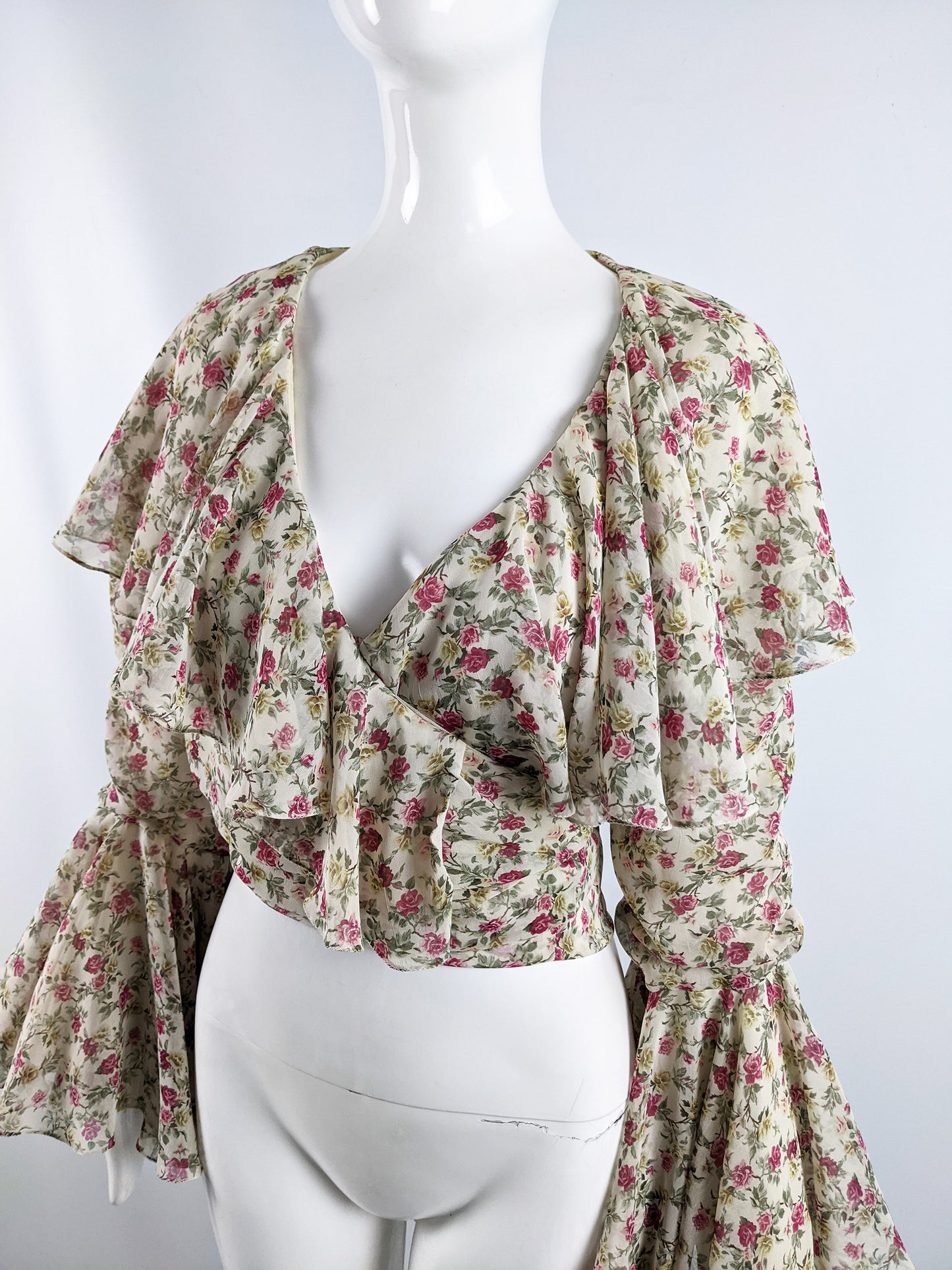 Vintage Romantic Floral Print Chiffon Bell Sleeve Blouse, 1980s