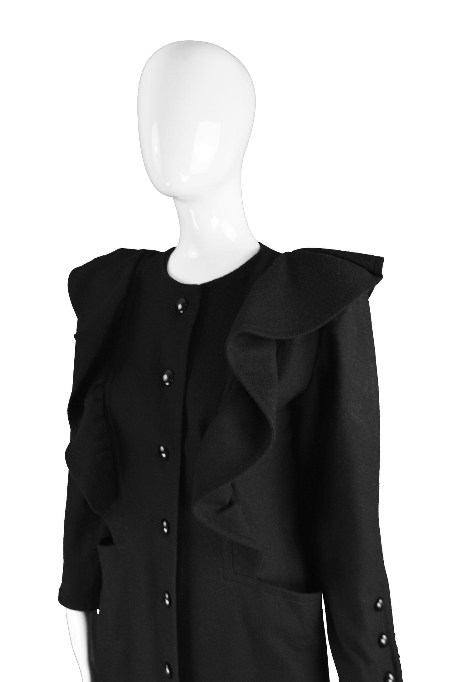 Vintage Black Wool Coat with Ruffles, 1980s