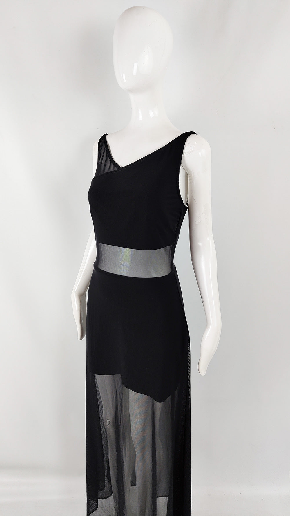Tadashi Vintage Black Mesh Cut Out Evening Gown, 1980s