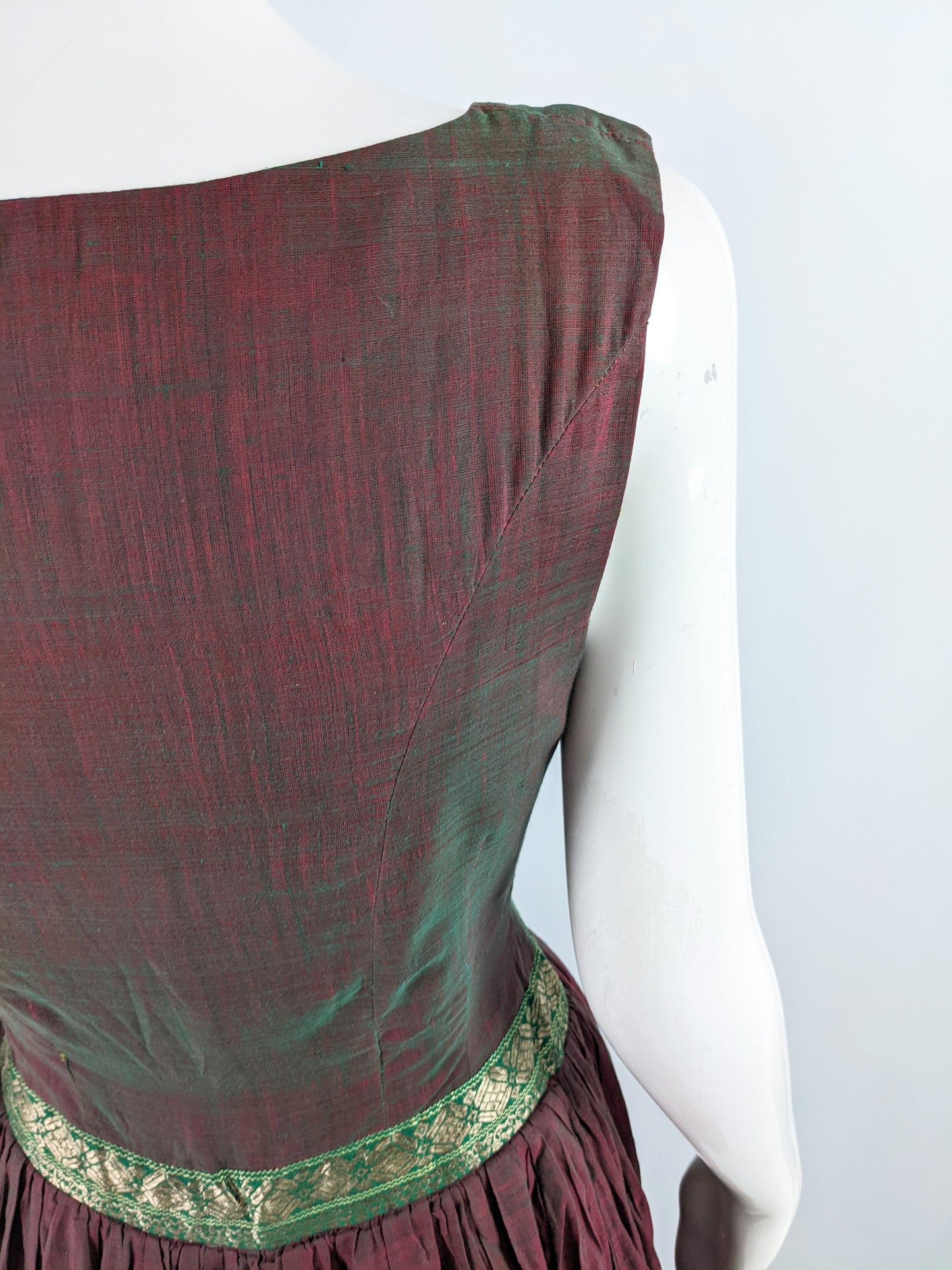 Vintage 1950s Asian Iridescent Brocade Trim Dress