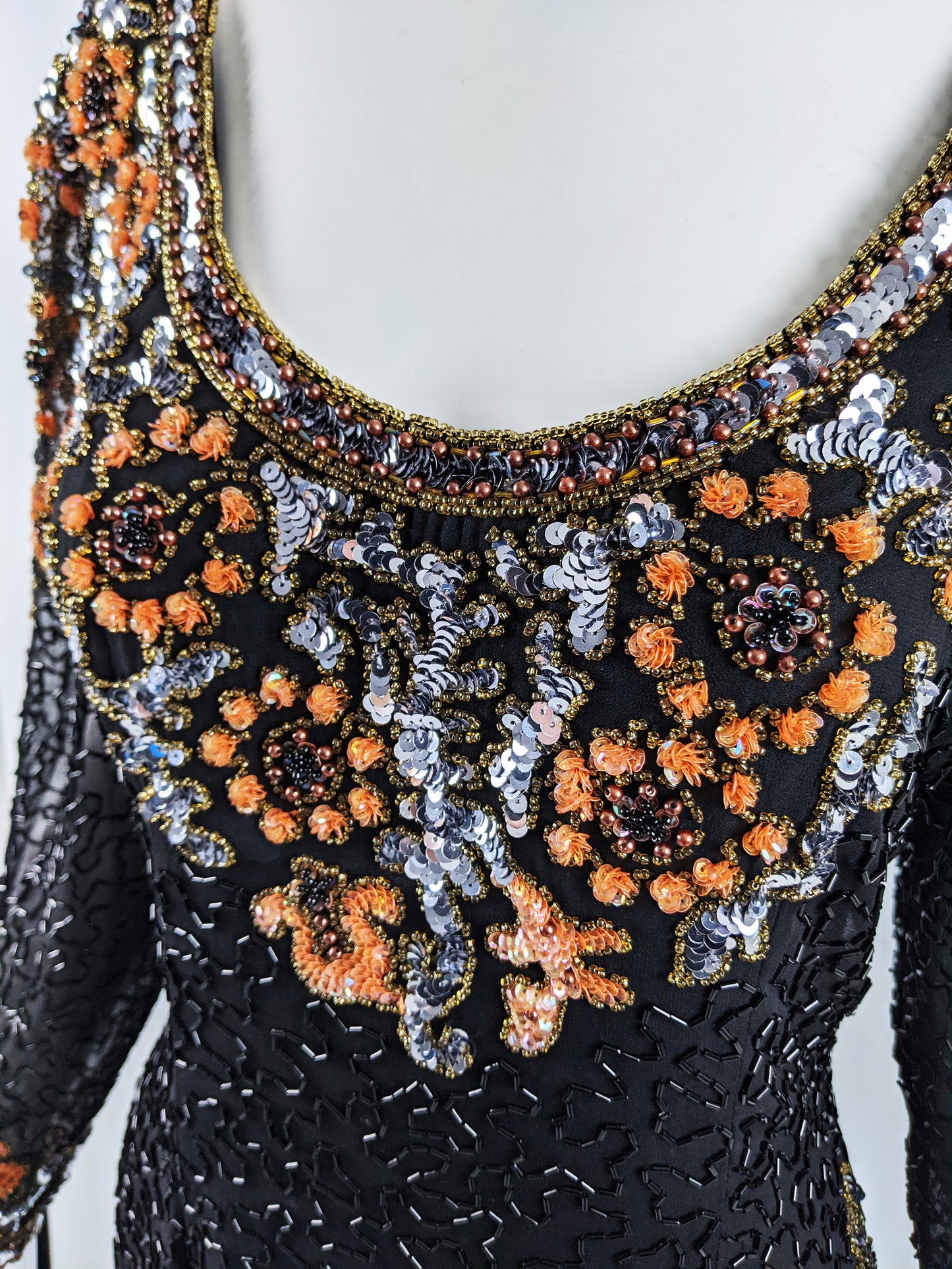 Oleg Cassini Vintage Black & Orange Beaded Sequin Dress, 1980s