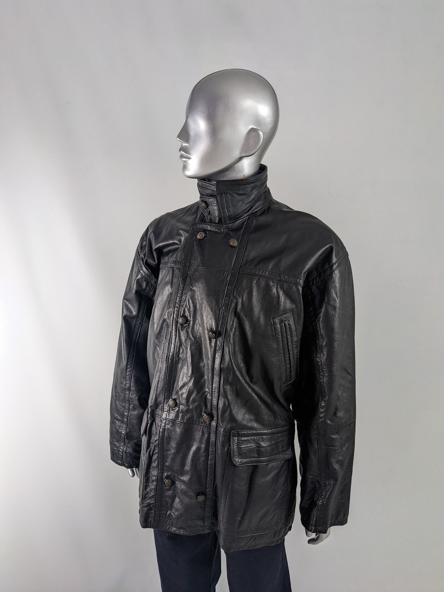 Gavin Brown Mens Vintage Black Leather Double Breasted Coat, 1980s