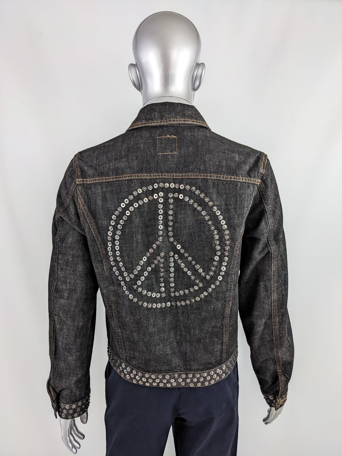 Moschino Vintage Mens Denim Jacket with Studded Peace Sign, 1990s