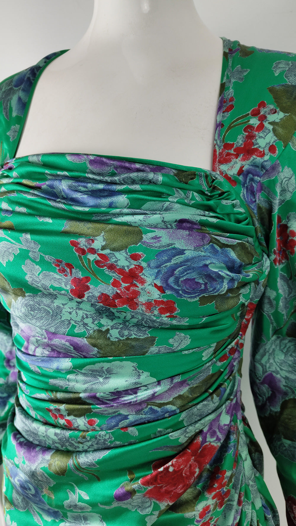 Emanuel Ungaro Vintage Green Silk Satin Ruched Dress, 1980s