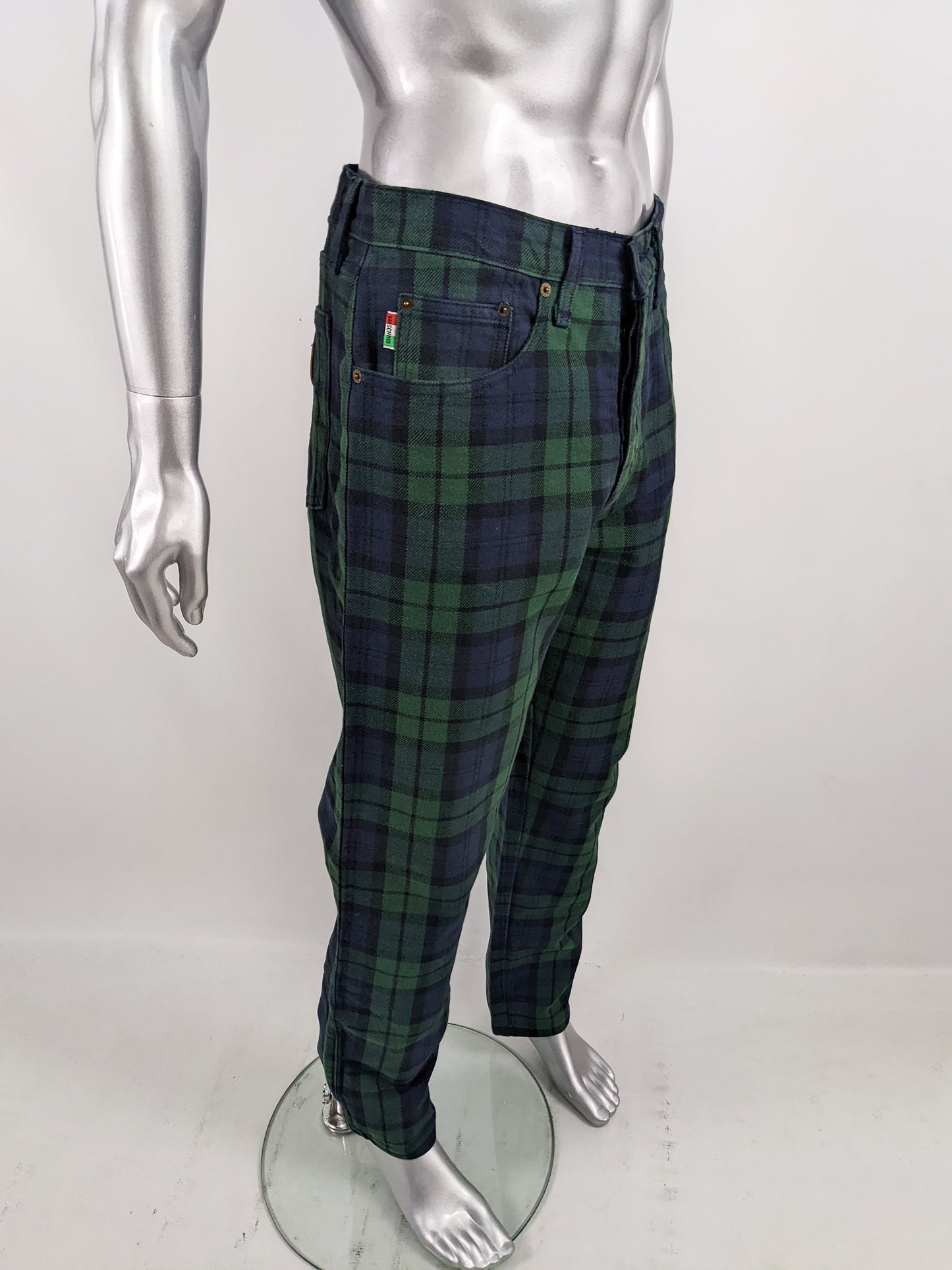 Moschino Vintage Mens Blue & Green Tartan Jeans, 1980s