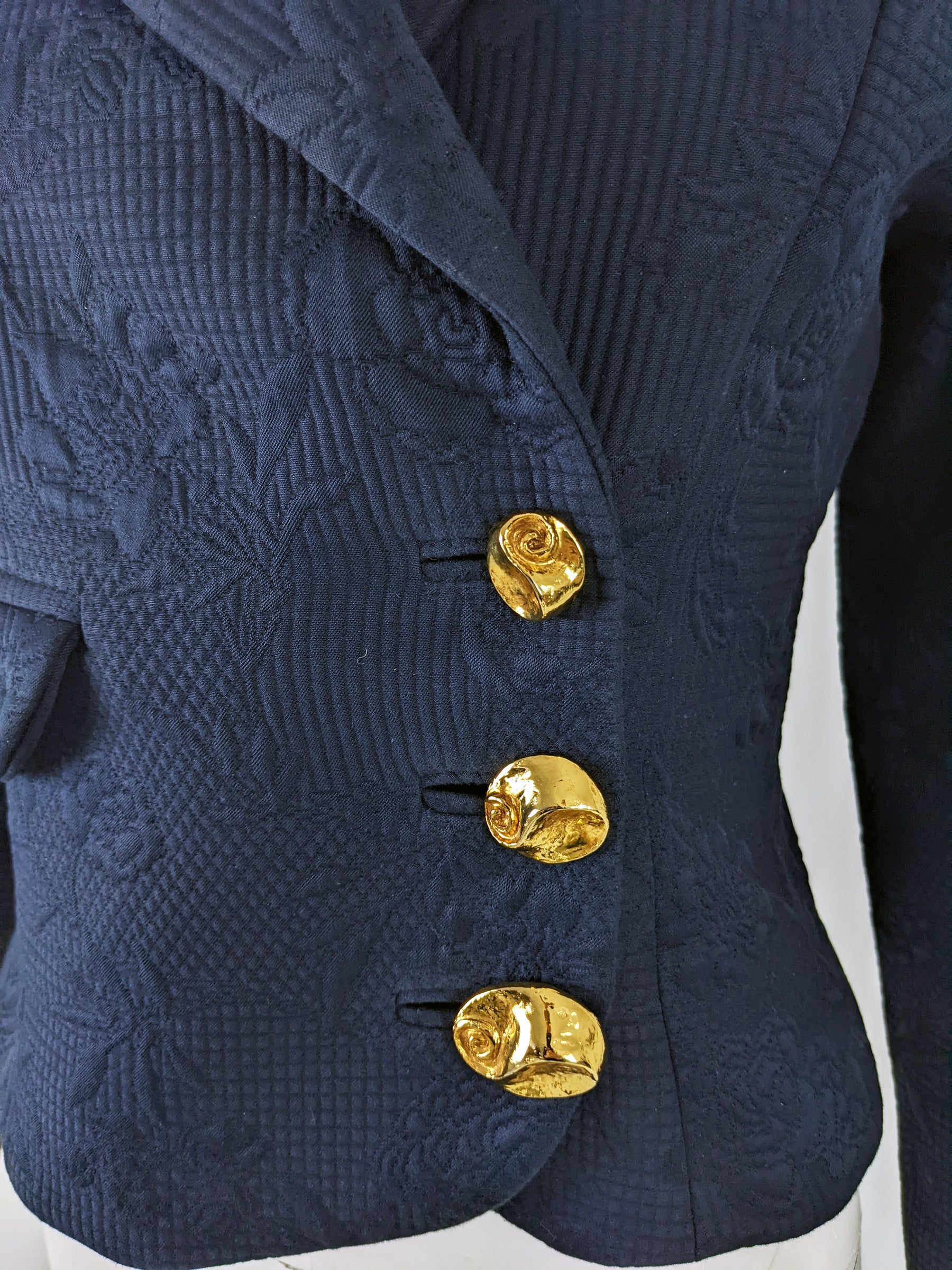 Grés Vintage Womens Navy Quilted Cotton Tailored Jacket, 1980s