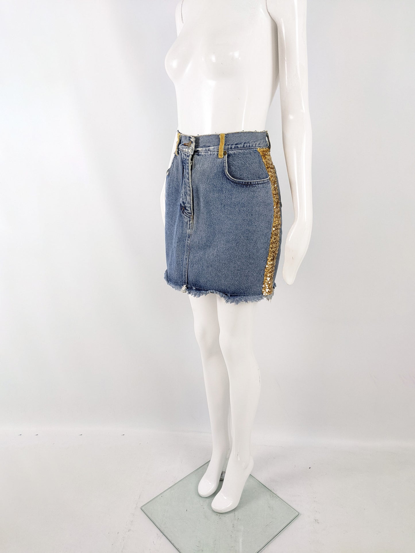 Katharine Hamnett Vintage Blue Denim & Gold Sequin Skirt, 1980s