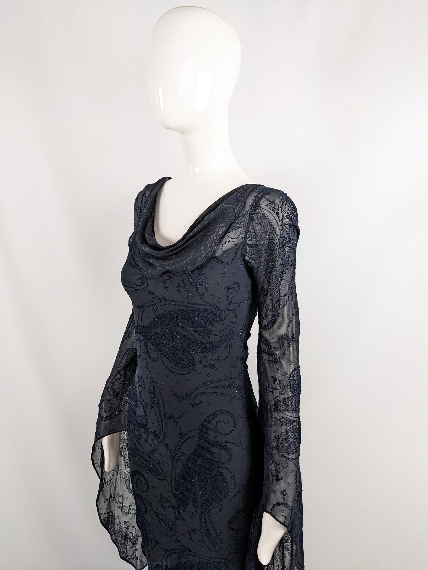 Ronit Zilkha Vintage Midnight Blue Silk Devore Witchy Dress, 2000s