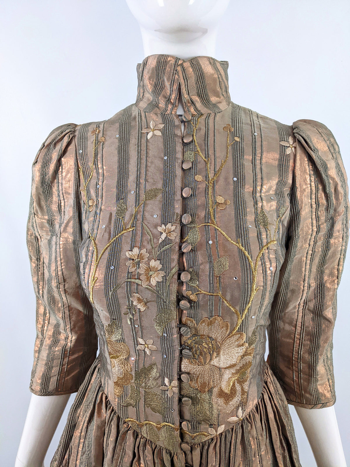 Caroline Charles Vintage Pale Metallic Bronze Embroidered Dress, 1980s