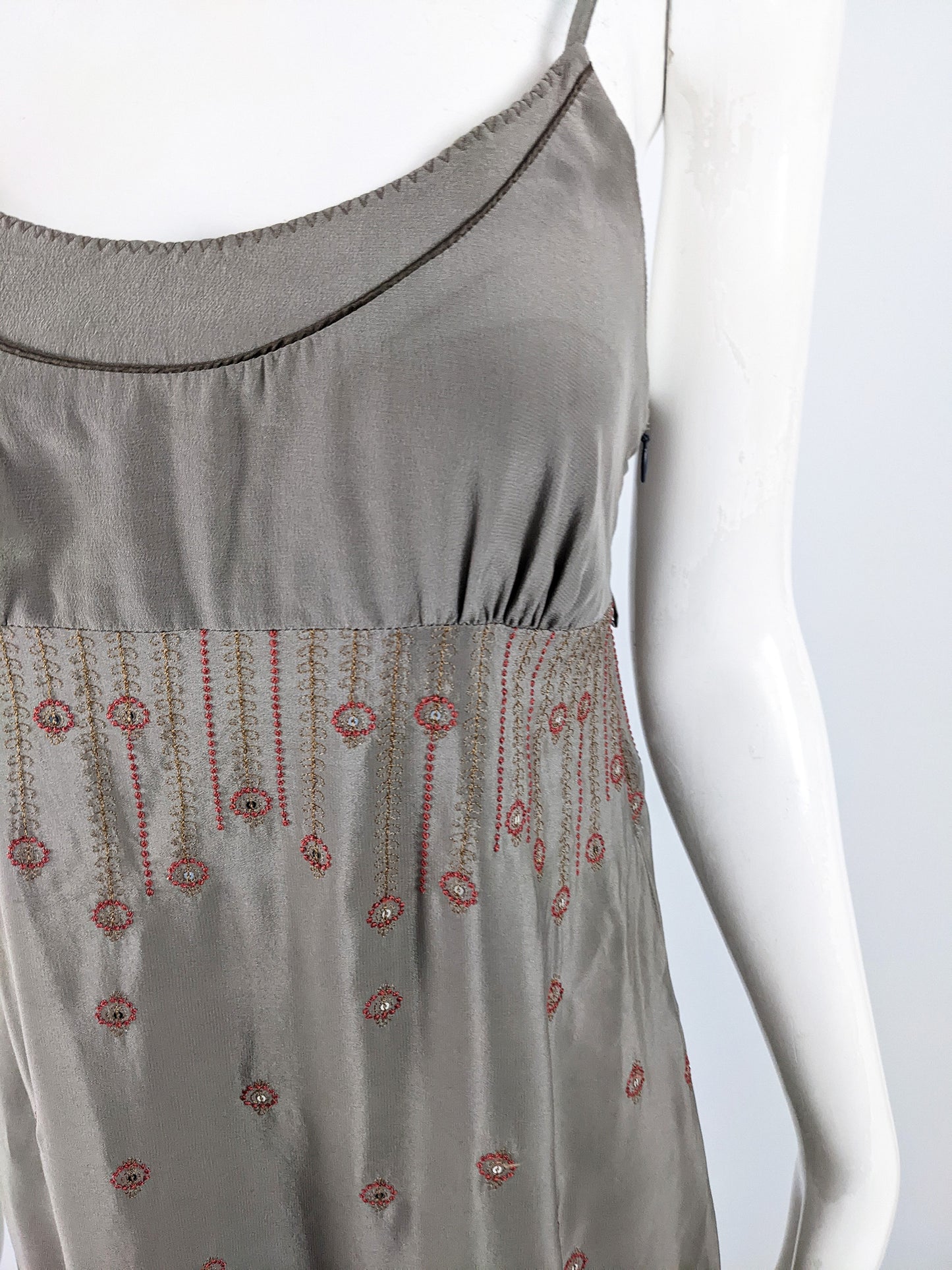 Sandro Paris Vintage y2k Taupe Silk Embroidered Dress, 2000s